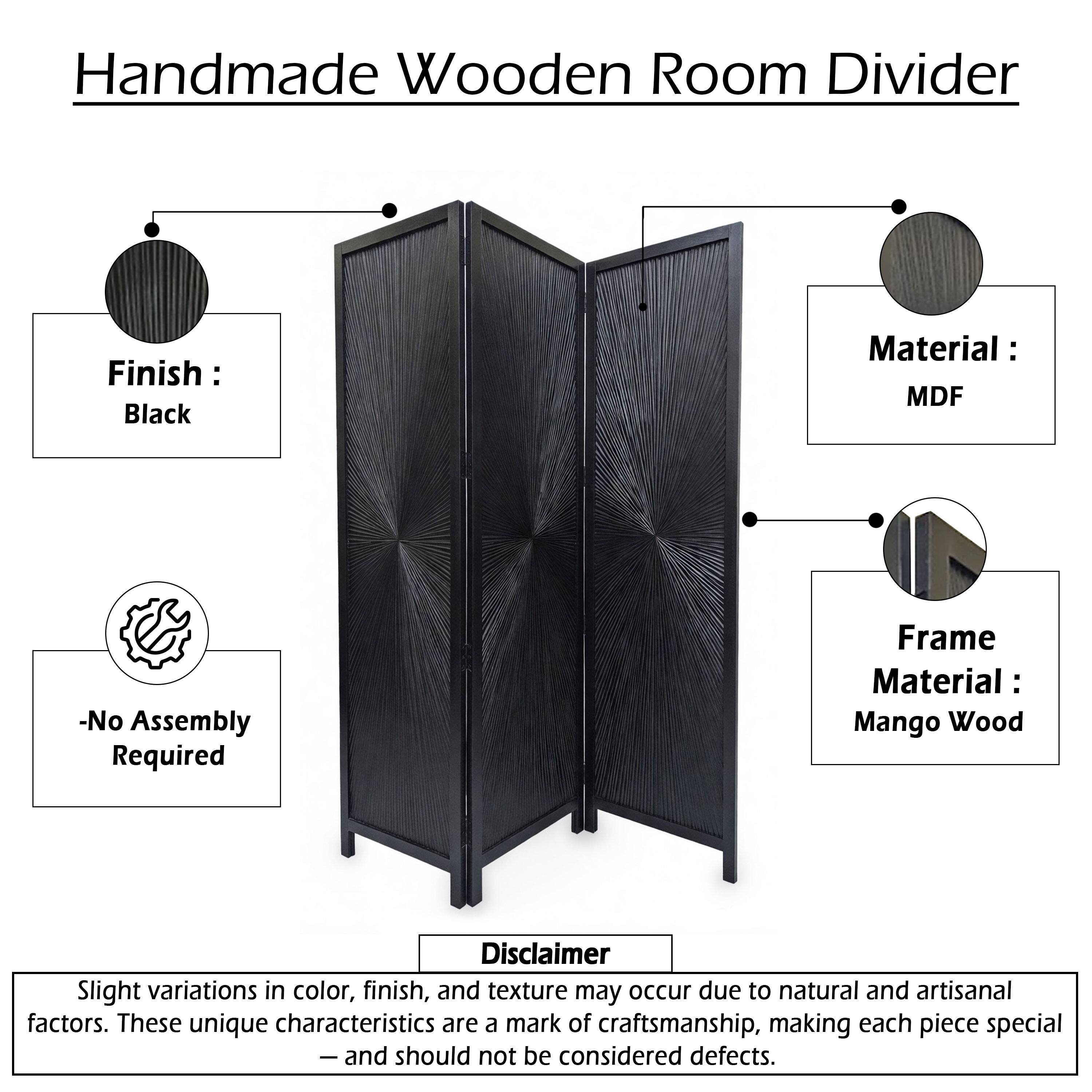 Handmade Wooden Room Divider

Finish: Black  
Material: MDF  
Frame Material: Mango Wood  

-No Assembly Required  

Disclaimer:  
Slight variations in color, finish, and texture may occur due to natural and artisanal factors. These unique characteristics are a mark of craftsmanship, making each piece special - and should not be considered defects.