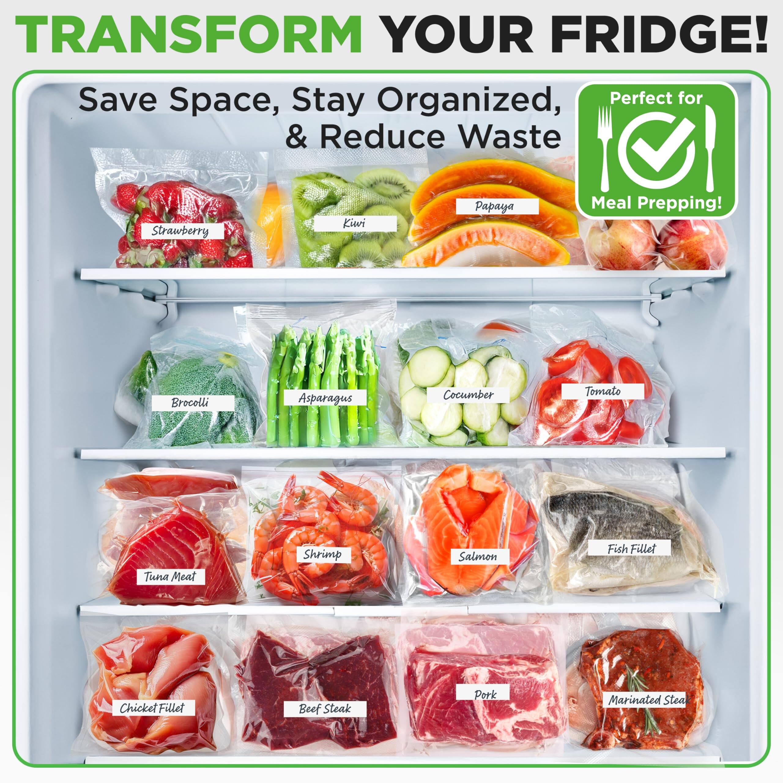 TRANSFORM YOUR FRIDGE!  
Save Space, Stay Organized, & Reduce Waste  
Perfect for Meal Prepping!  

Strawberry  
Kiwifruit  
Papaya  
Broccoli  
Asparagus  
Cucumber  
Tomato  
Tuna Meat  
Shrimp  
Salmon  
Fish Fillet  
Chicken Fillet  
Beef Steak  
Pork  
Marinated Steak