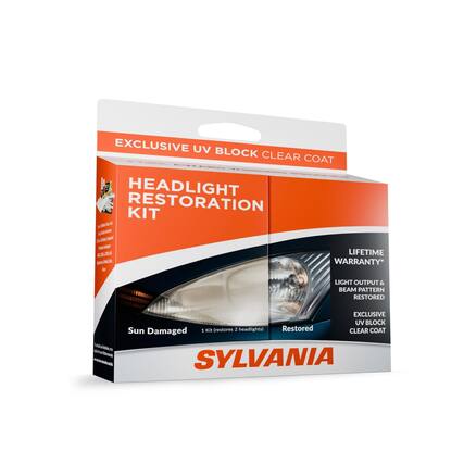 EXCLUSIVE UV BLOCK CLEAR COAT HEADLIGHT RESTORATION KIT
LIFETIME WARRANTY*
LIGHT OUTPUT & BEAM PATTERN RESTORED
EXCLUSIVE UV BLOCK CLEAR COAT
Sun Damaged Kit (restores 2 headlights)
SYLVANIA