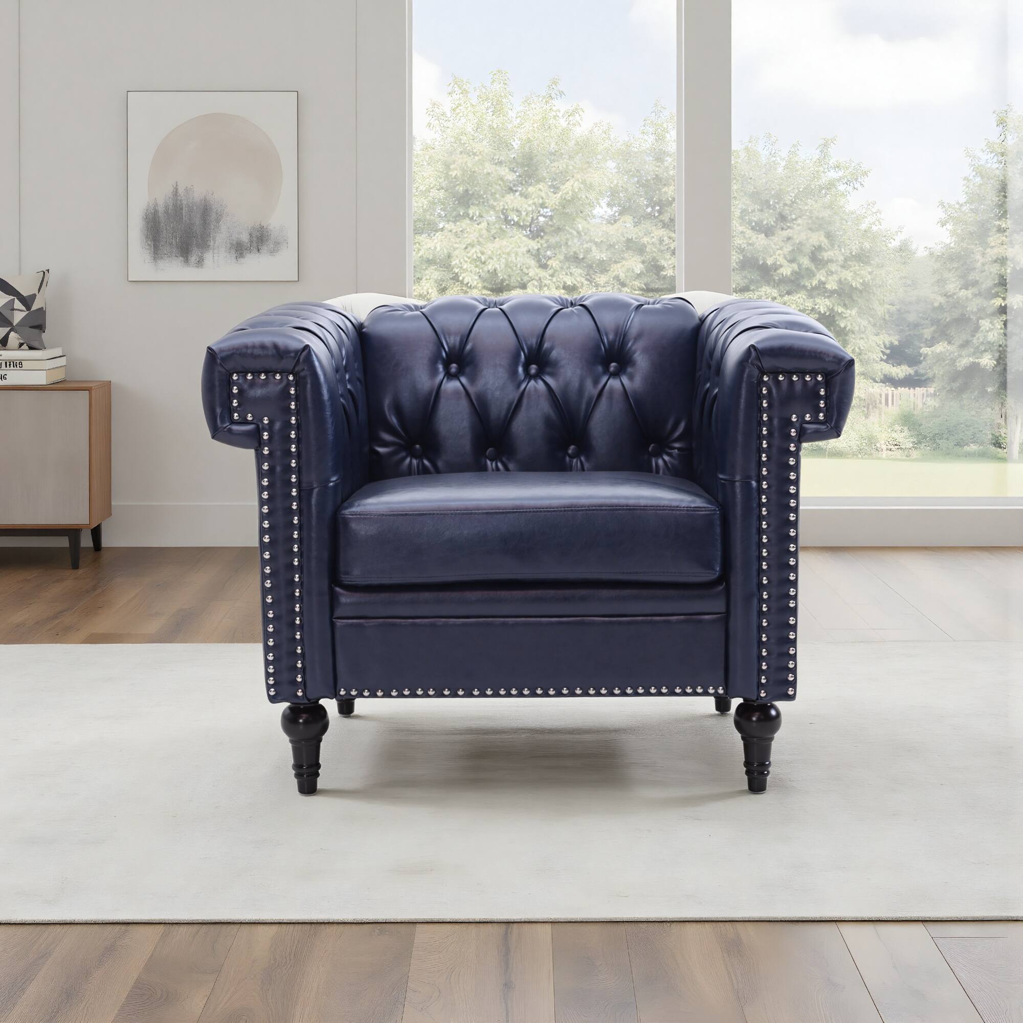 Angle. Boyel Living - Traditional Faux Leather Upholstered Club Chair - Purple and Matte Black and Silver.