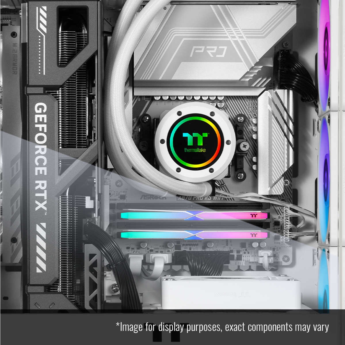 The text on the image reads: "GeForce RTX 2080 Ti, M.2 ARMOR, HIA, thermaltake ASRock A87U1, PAu, WHI, Y TUE, J Cusun 0000 3. Image for display purposes, exact components may vary."