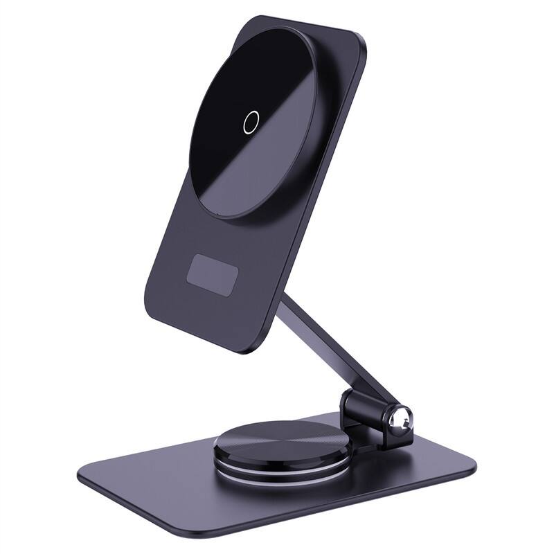 Left. SKRAN - 15W Wireless Charger - Alloy Foldable 360° Rotating Damper, Aluminum Magnetic Stand for Apple Phones - Black.