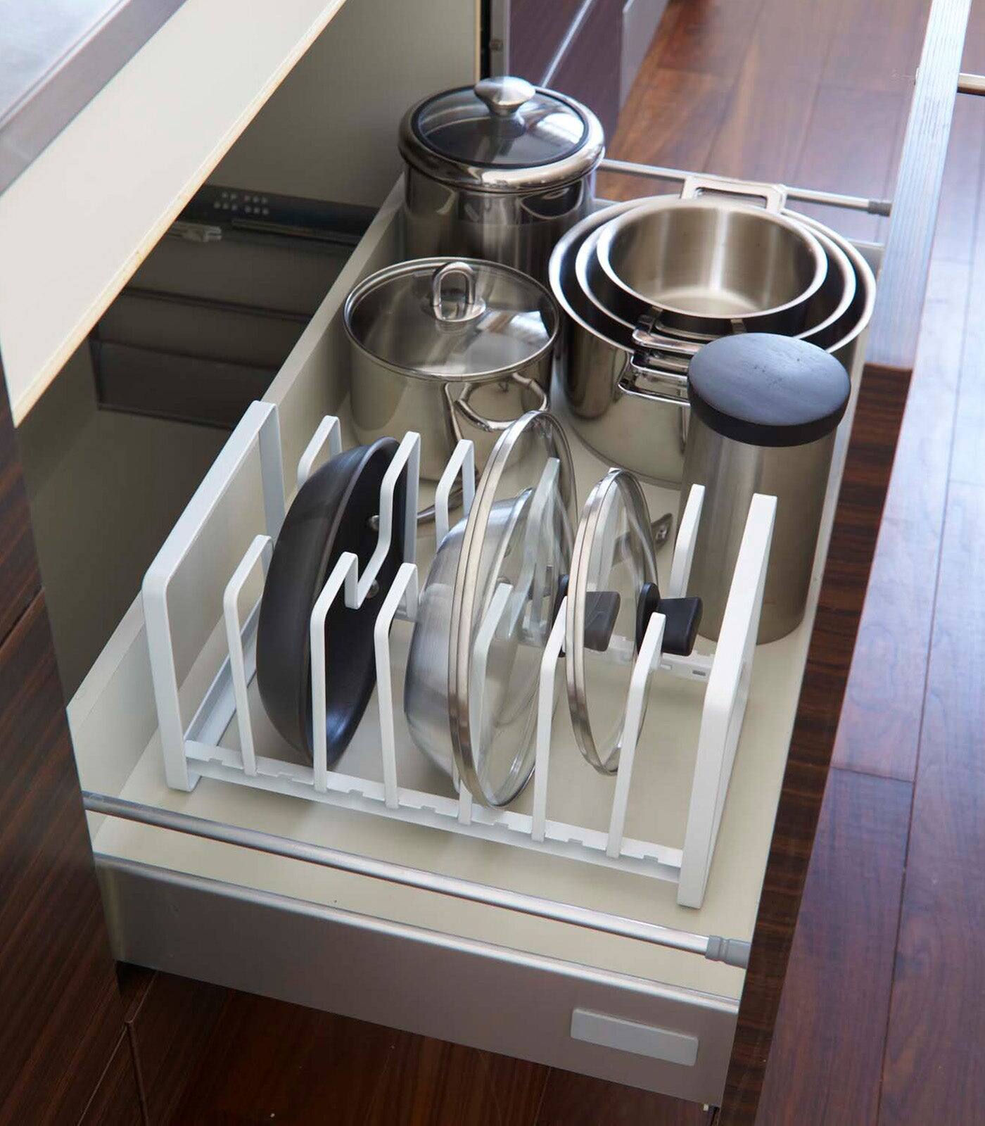 Alt View 2. Yamazaki Home - Adjustable Pot Lid and Frying Pan Organizer - Steel - White.