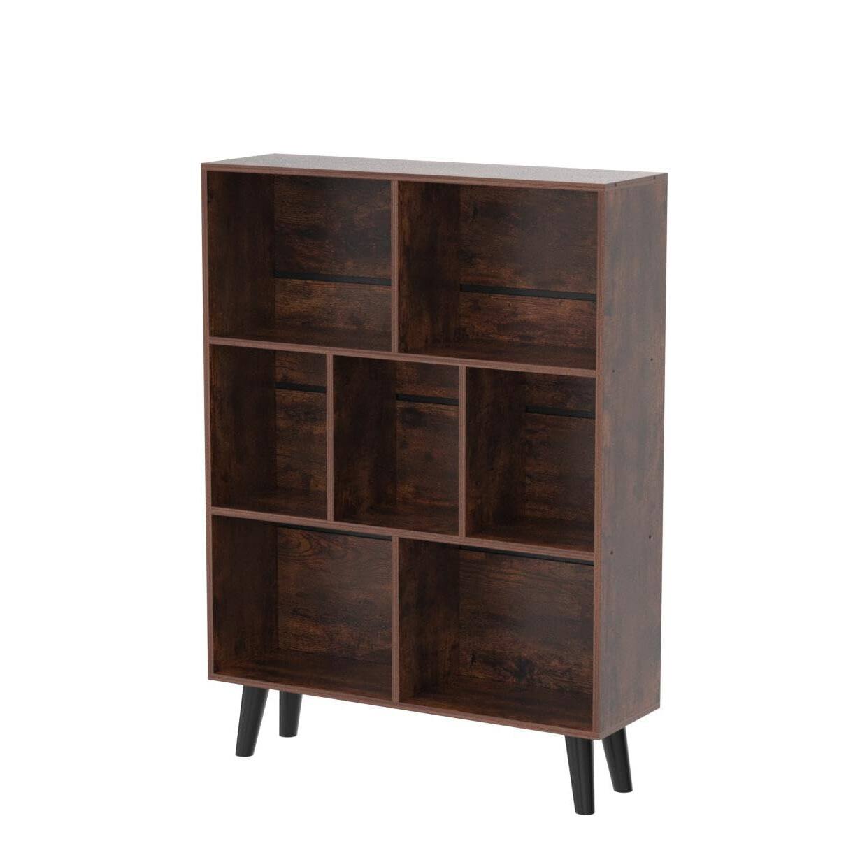 Back. Dazzed Corner - Cube Bookshelf 3 Tier Mid-Century Modern Bookcase with Legs - Retro Brown.