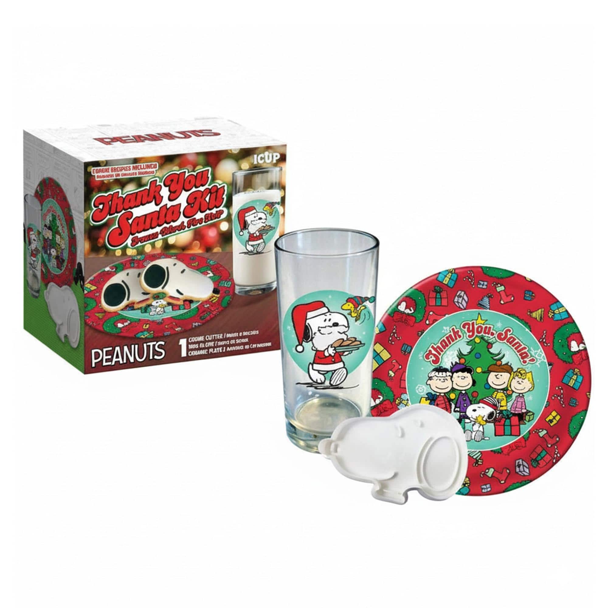 ICUP - Peanuts "Thank You, Santa" Gift Set | Glass, Plate, and Cookie Cutter - Multi-Colored