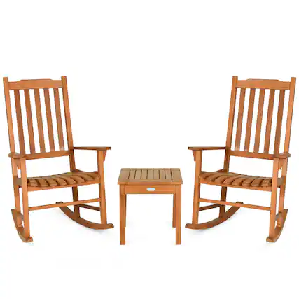 Front. Costway - Costway 3 PCS Eucalyptus Rocking Chair Set W/ Coffee Table 2 Wood Conversation Chairs - Natural.