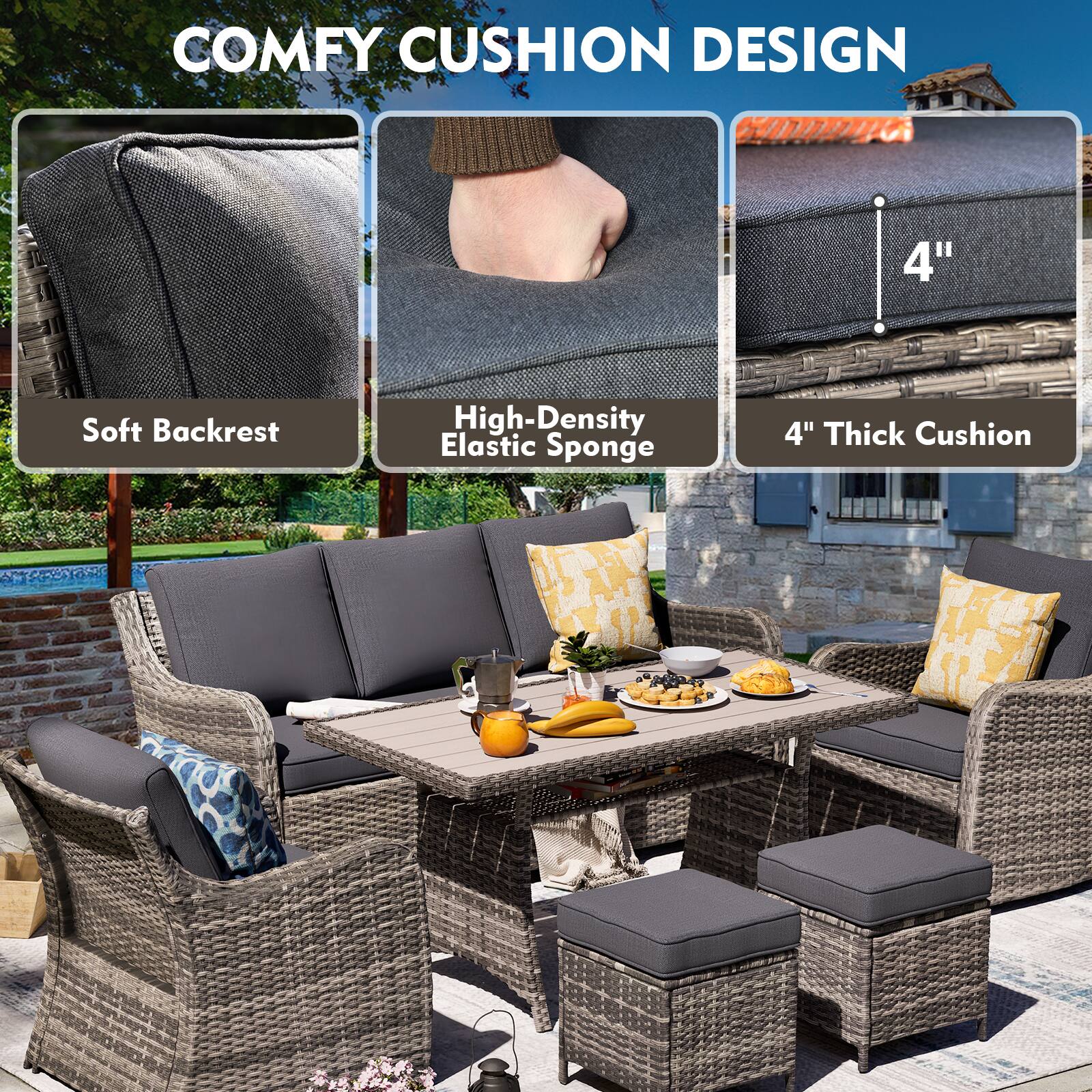 COMFY CUSHION DESIGN

- Soft Backrest
- High-Density Elastic Sponge
- 4" Thick Cushion