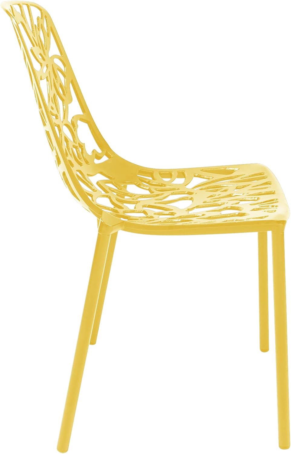 Back. LeisureMod - Devon (Set of 4) Modern Floral Stackable Aluminum Chair - Weather Resistant Indoor/Outdoor Dining Chair - Yellow.