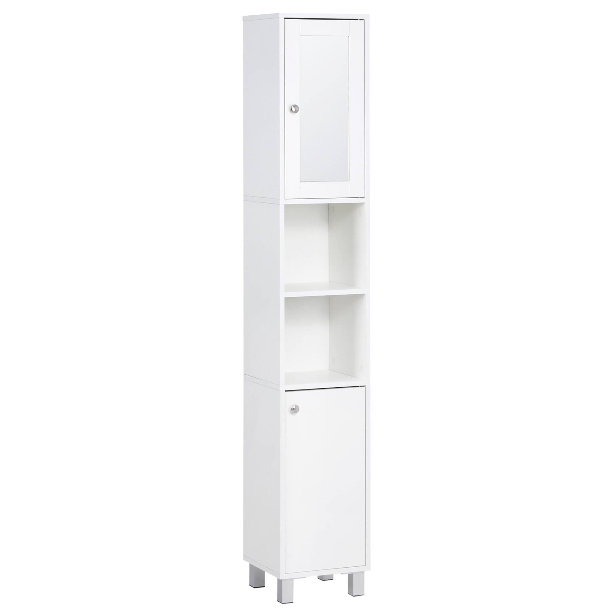 Kleankin - Tall Bathroom Storage Cabinet with Mirror, Wooden Freestanding Tower Cabinet with Adjustable Shelves - White