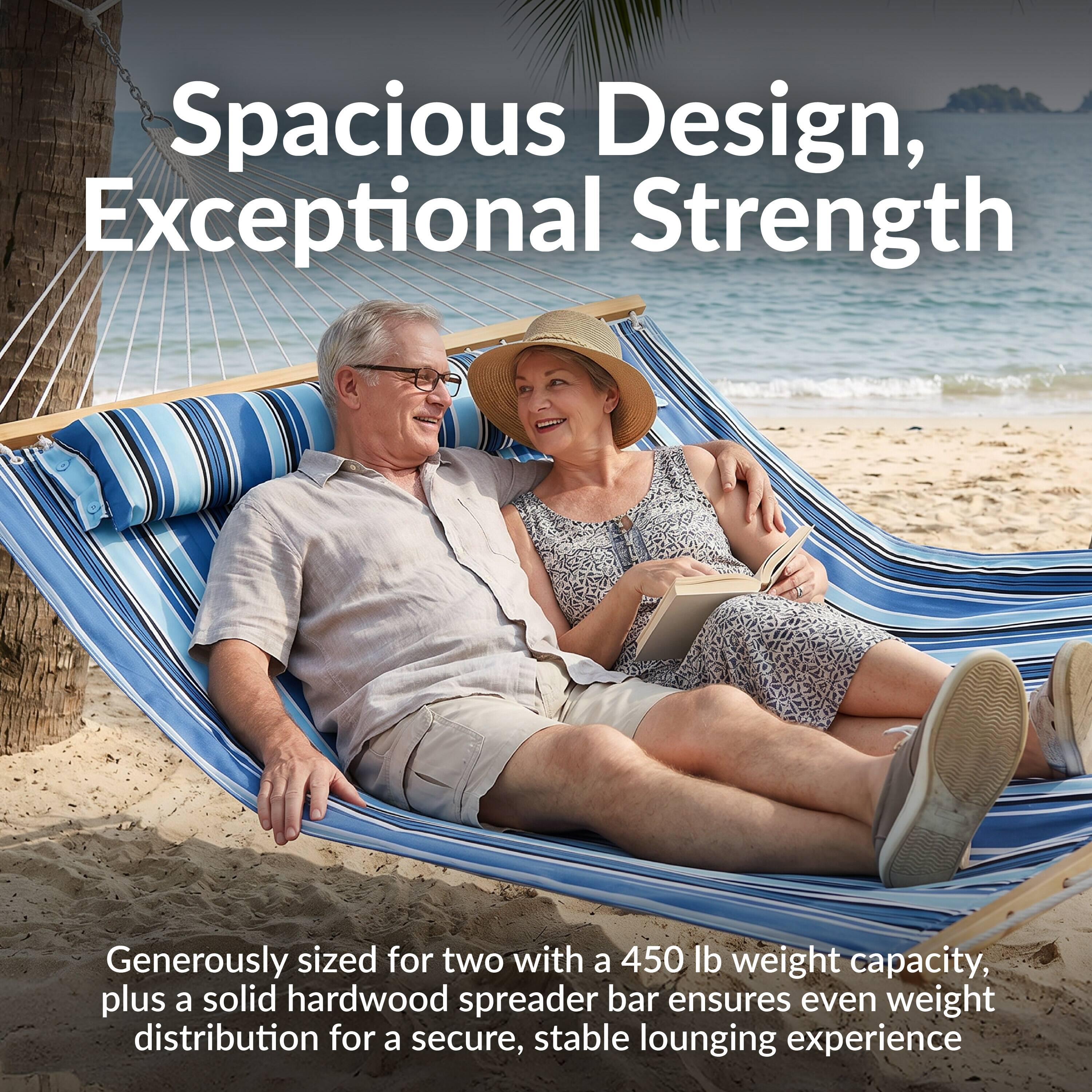 Spacious Design, Exceptional Strength

Generously sized for two with a 450 lb weight capacity, plus a solid hardwood spreader bar ensures even weight distribution for a secure, stable lounging experience