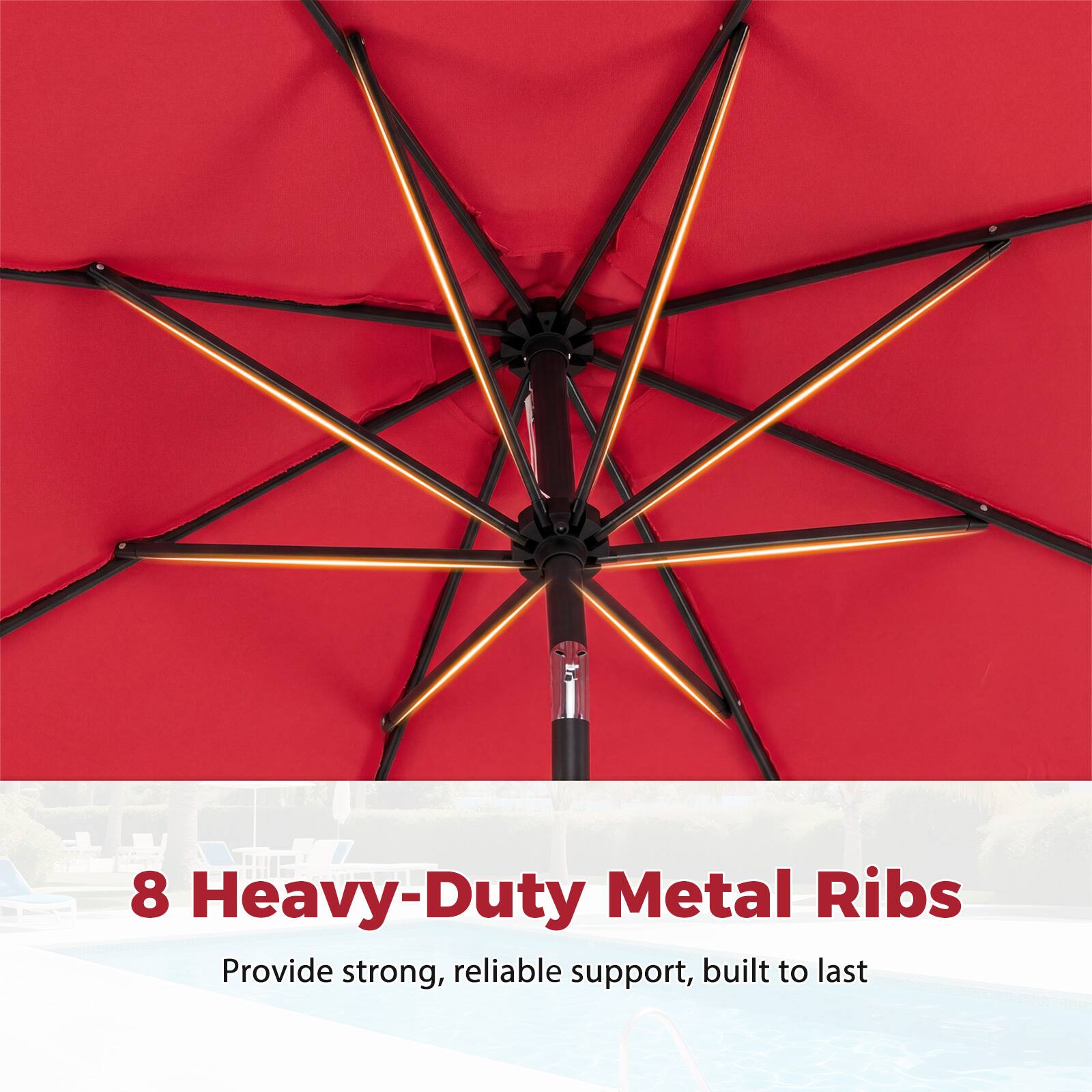8 Heavy-Duty Metal Ribs  
Provide strong, reliable support, built to last
