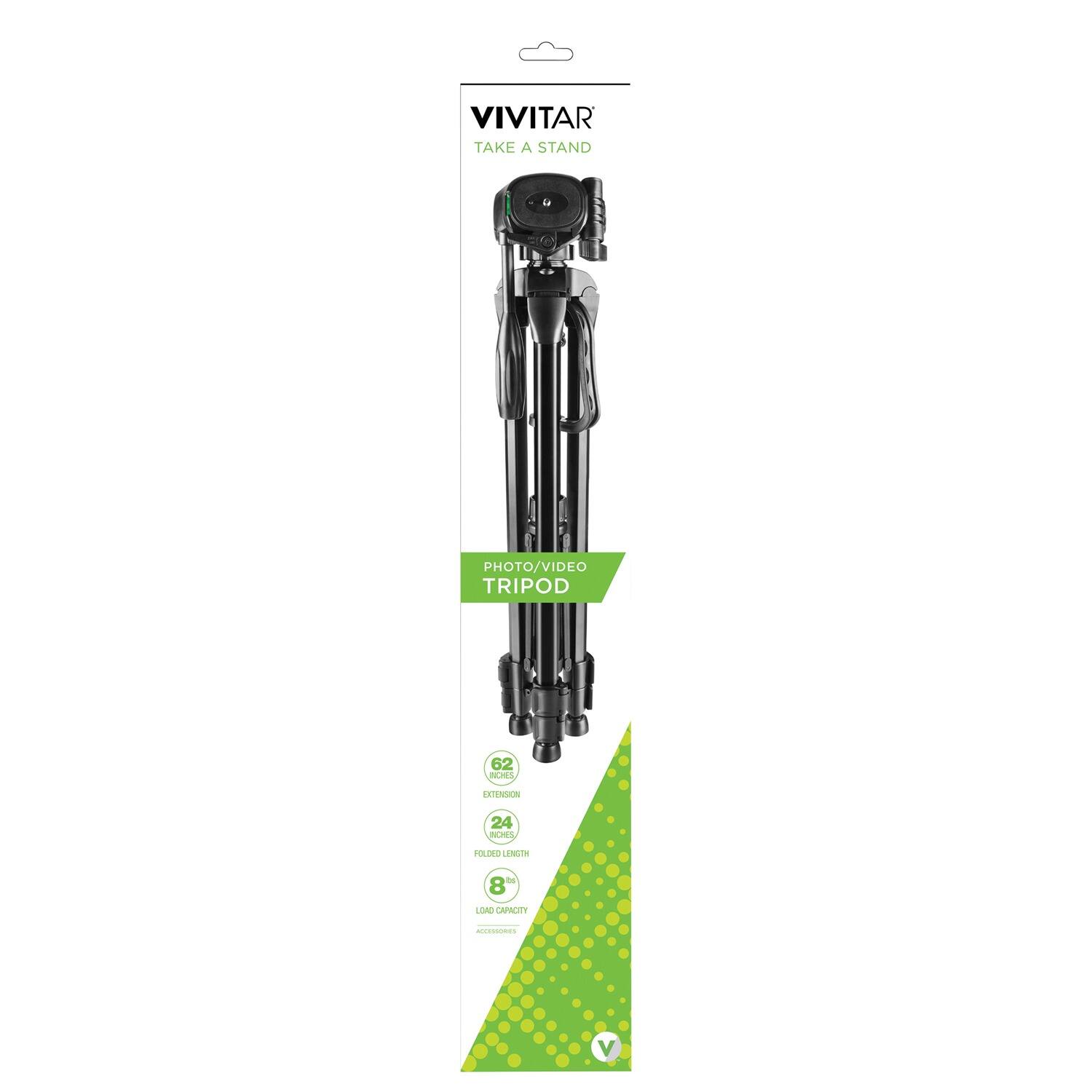 VIVITAR  
TAKE A STAND  

PHOTO/VIDEO TRIPOD  

62" EXTENSION  
24" FOLDED LENGTH  
8 LB LOAD CAPACITY  
ACCESSORIES