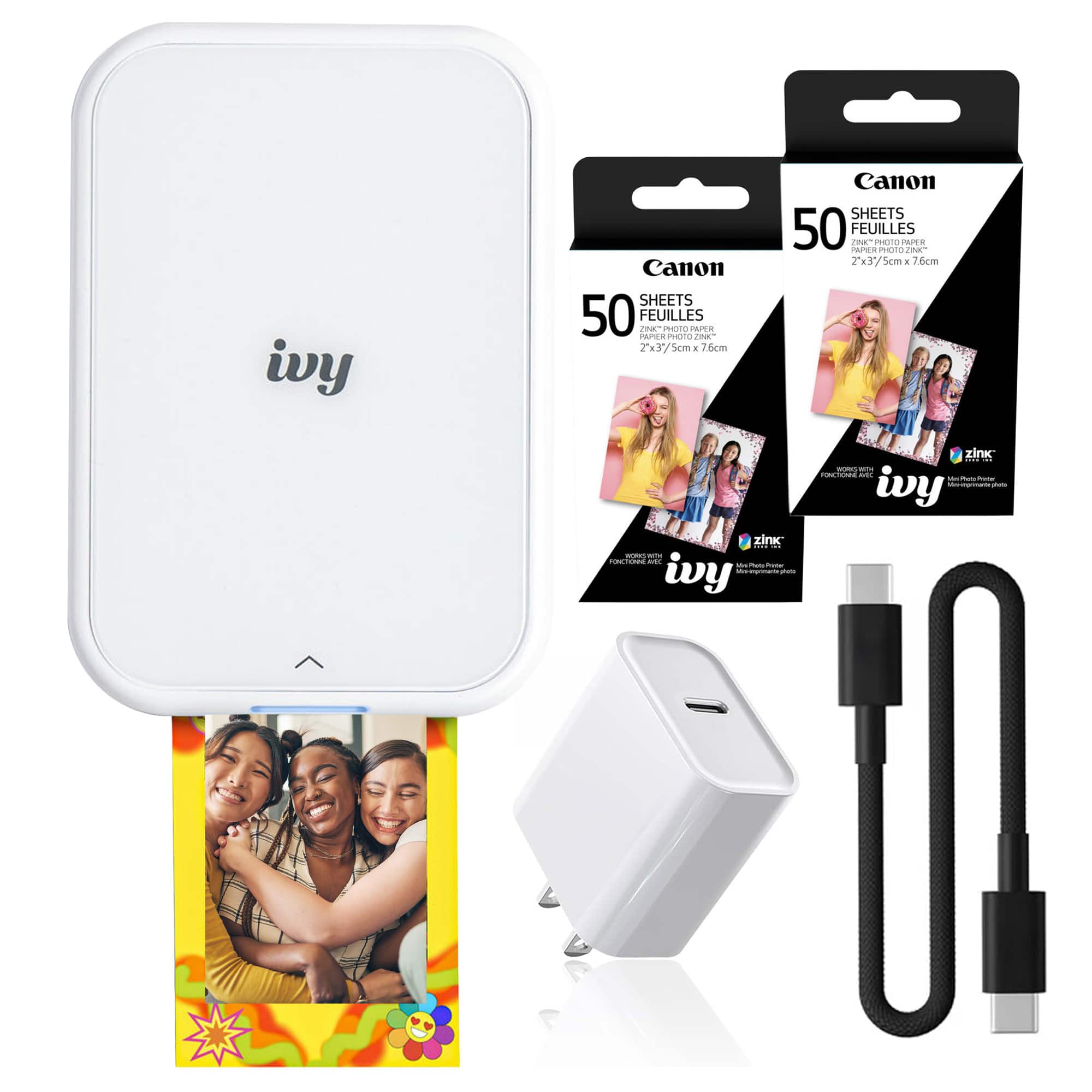 Canon - IVY 2 Mini Photo Printer Pure White, Bluetooth Portable Printer for iOS & Android, ZINK 2x3 Sticky-Back Photo Prin