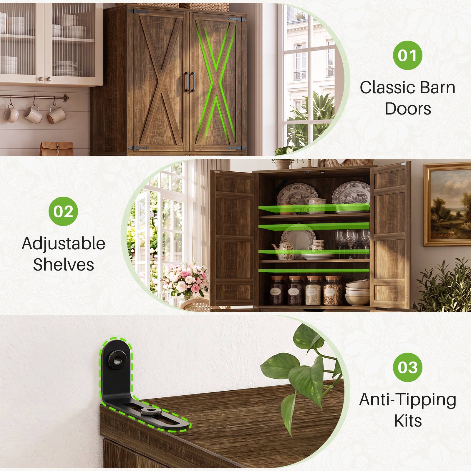 01 Classic Barn Doors  
02 Adjustable Shelves  
03 Anti-Tipping Kits