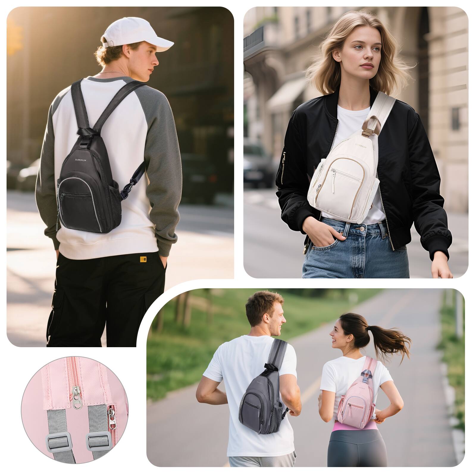 Alt View 1. Unique Bargains - Crossbody Sling Bag with Water Bottle Holder 8.3" Convertible Small Backpack Anti Theft Daypack Chest Fanny Pack - Pink.