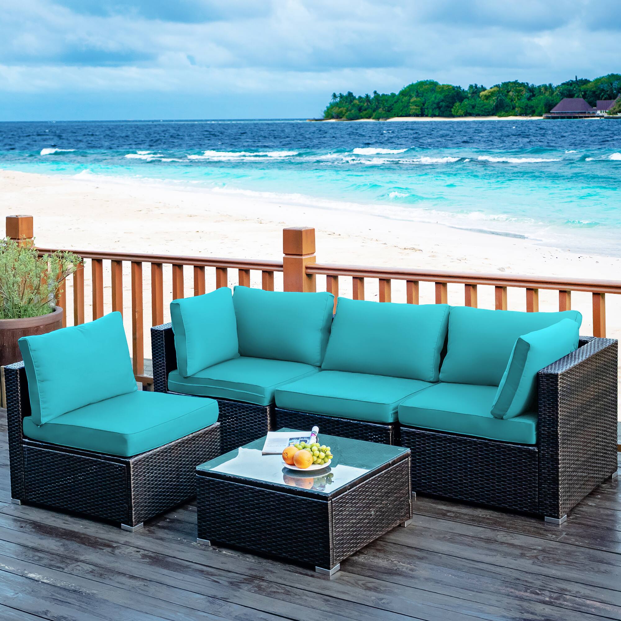 Alt View 3. Costway - 5PCS Patio Rattan Furniture Set Cushioned Sofa Chair Tea Table - Turquoise.
