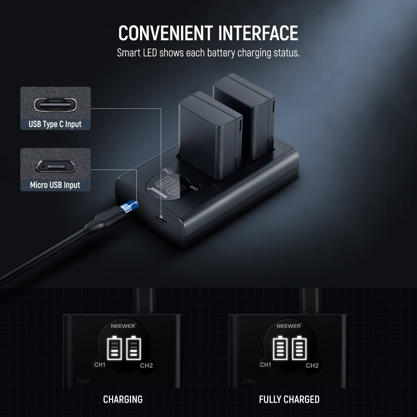 CONVENIENT INTERFACE  
Smart LED shows each battery charging status.  

USB Type C Input  
Micro USB Input  

CH1, CH2  
CH1, CH2  

CHARGING  
FULLY CHARGED