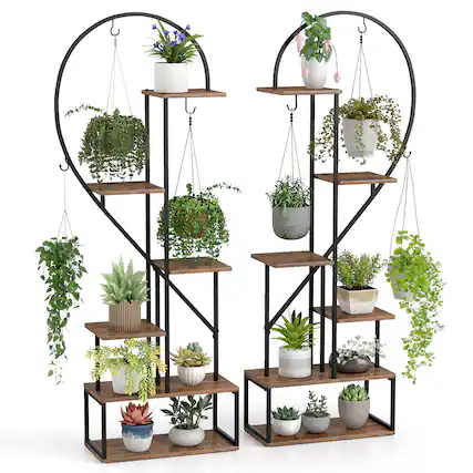 Front. Gymax - Gymax 6-Tier Metal Plant Stand w/12 Boards 6 Hanging Hooks Tall Flowerpot Display Rack - Coffee, Black.