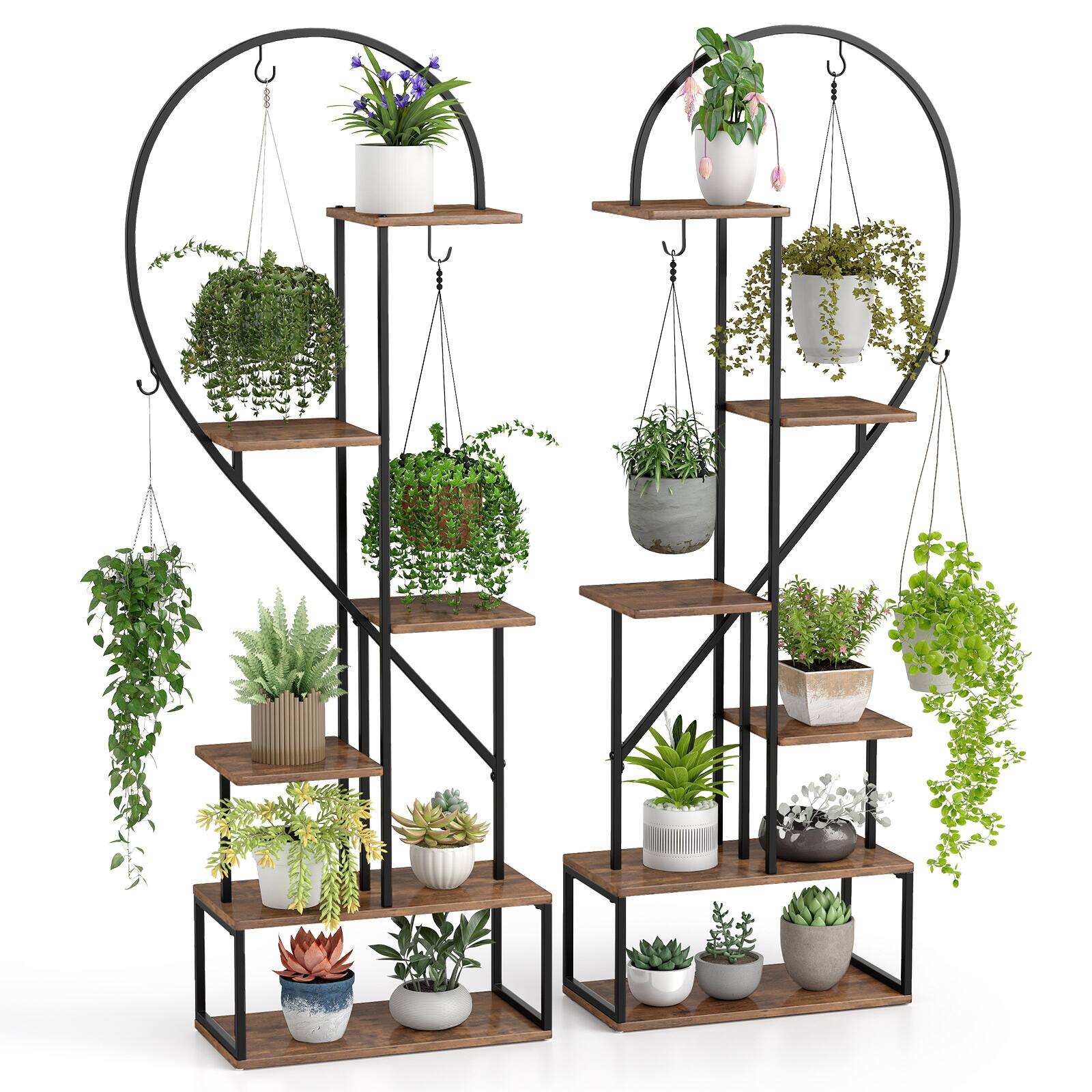 Front. Gymax - Gymax 6-Tier Metal Plant Stand w/12 Boards 6 Hanging Hooks Tall Flowerpot Display Rack - Coffee, Black.