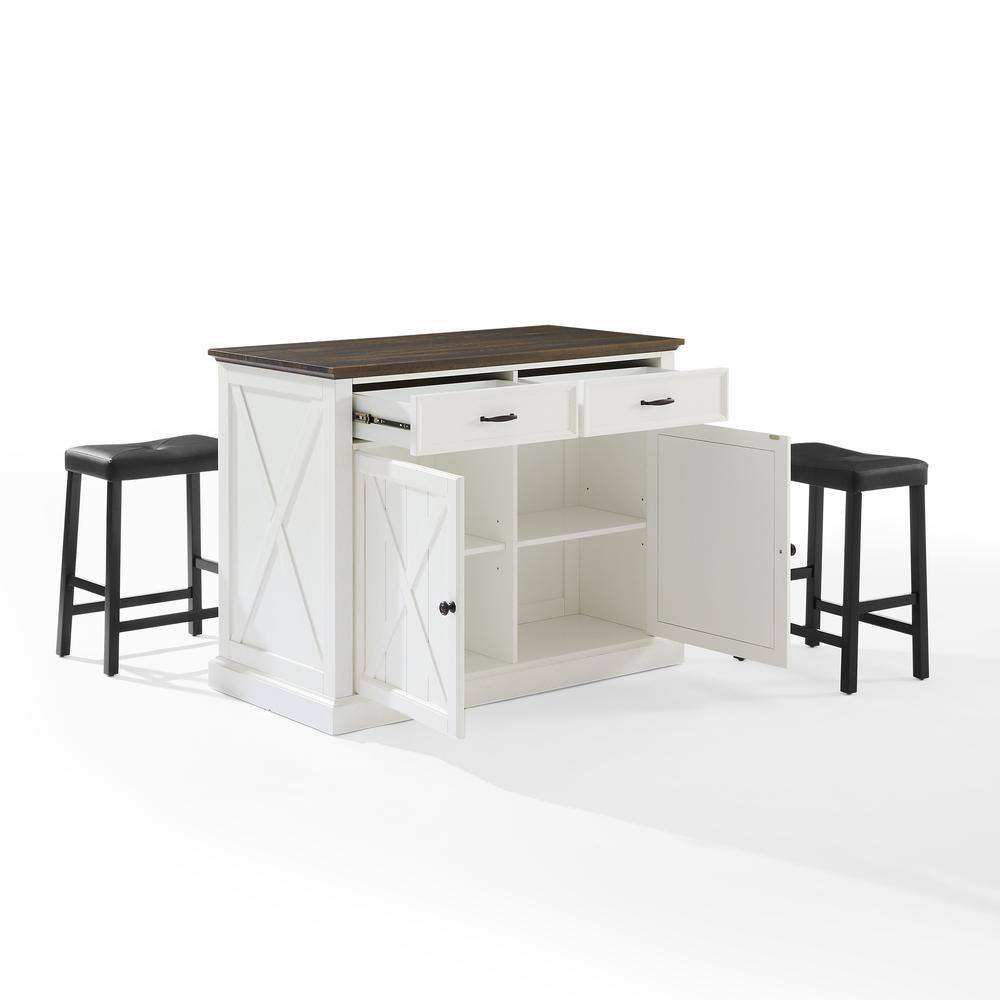 Back. Crosley Furniture - Clifton Kitchen Island W/Uph Saddle Stools - Kitchen Island & 2 Stools - Distressed White.