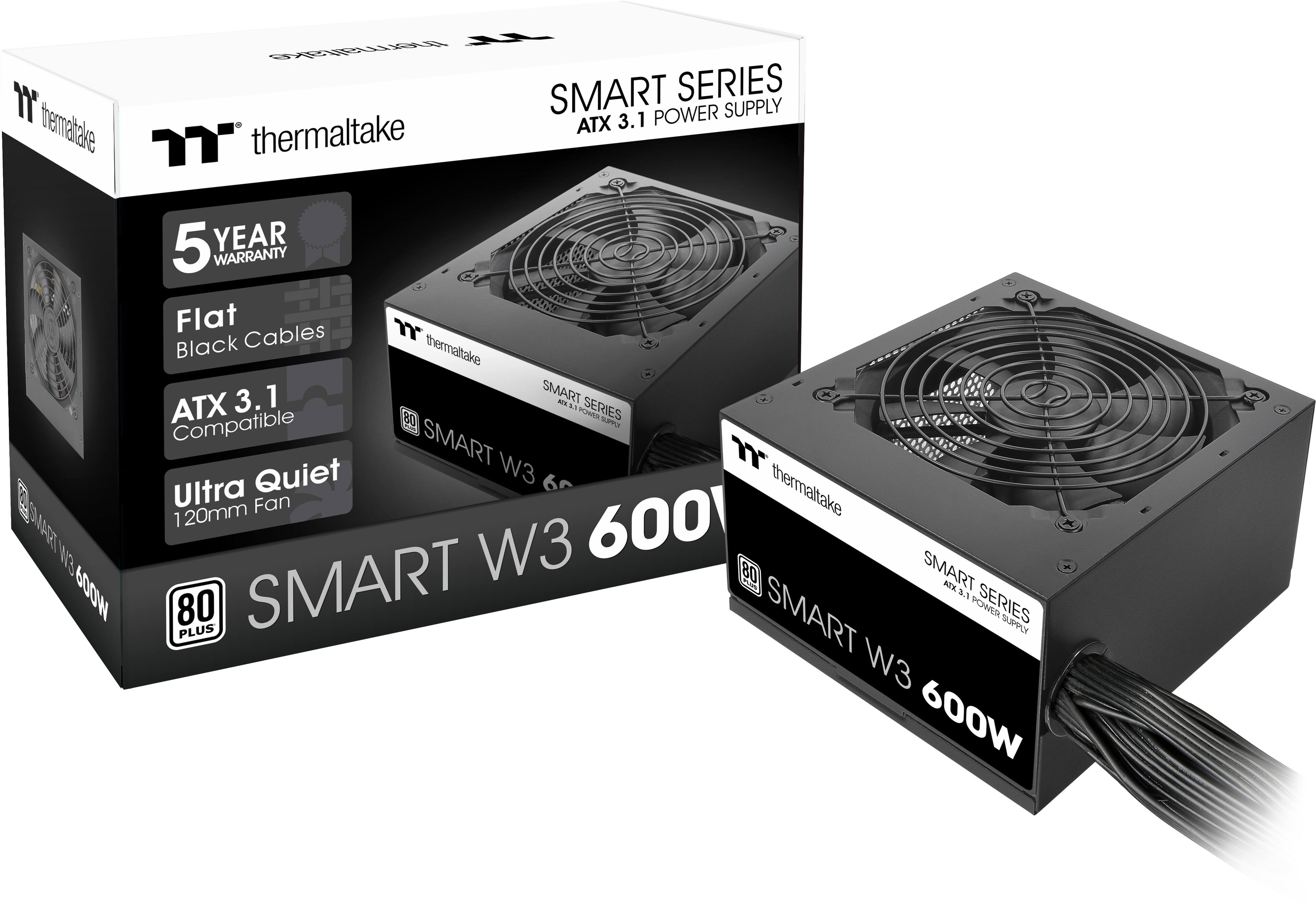 The image features a box containing a Thermaltake Smart Series ATX 3.1 7" power supply, which has a 5-year warranty. The box also includes a Thermaltake 3.1 Smart MLS ATX 80+ 800W power supply, which is compatible with the Smart W3 600W Ultra Quiet fan. The fan is 120mm in size, and the power supply is rated at 80 PLUS Smart.
