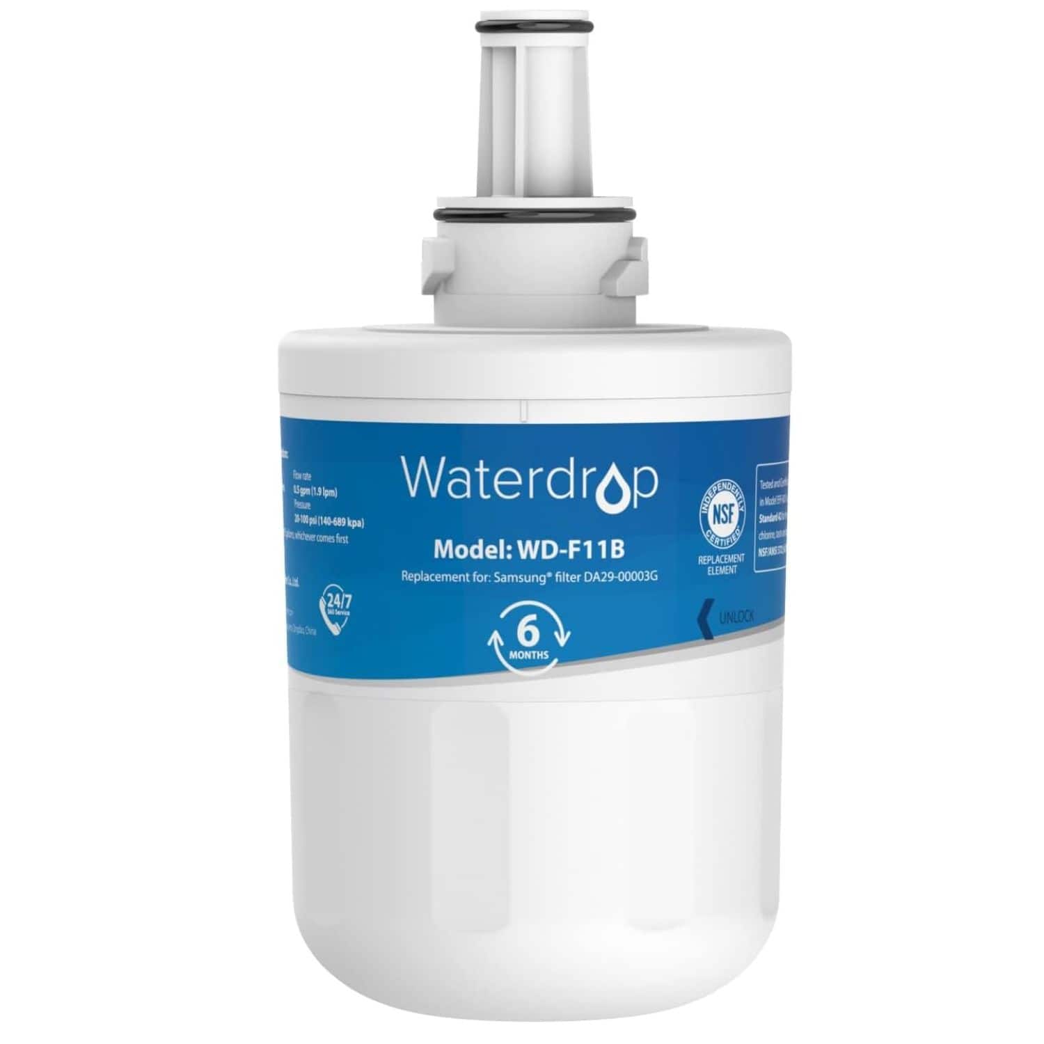 Waterdrop
Model: WD-F11B
Replacement for: Samsung* filter DA29-00003G
6 MONTHS
NSF
Tested for:
- NSF/ANSI Standard 42
- NSF/ANSI Standard 401
24/7 UNLOCK
*Compatible with Samsung models that use filter DA29-00003G