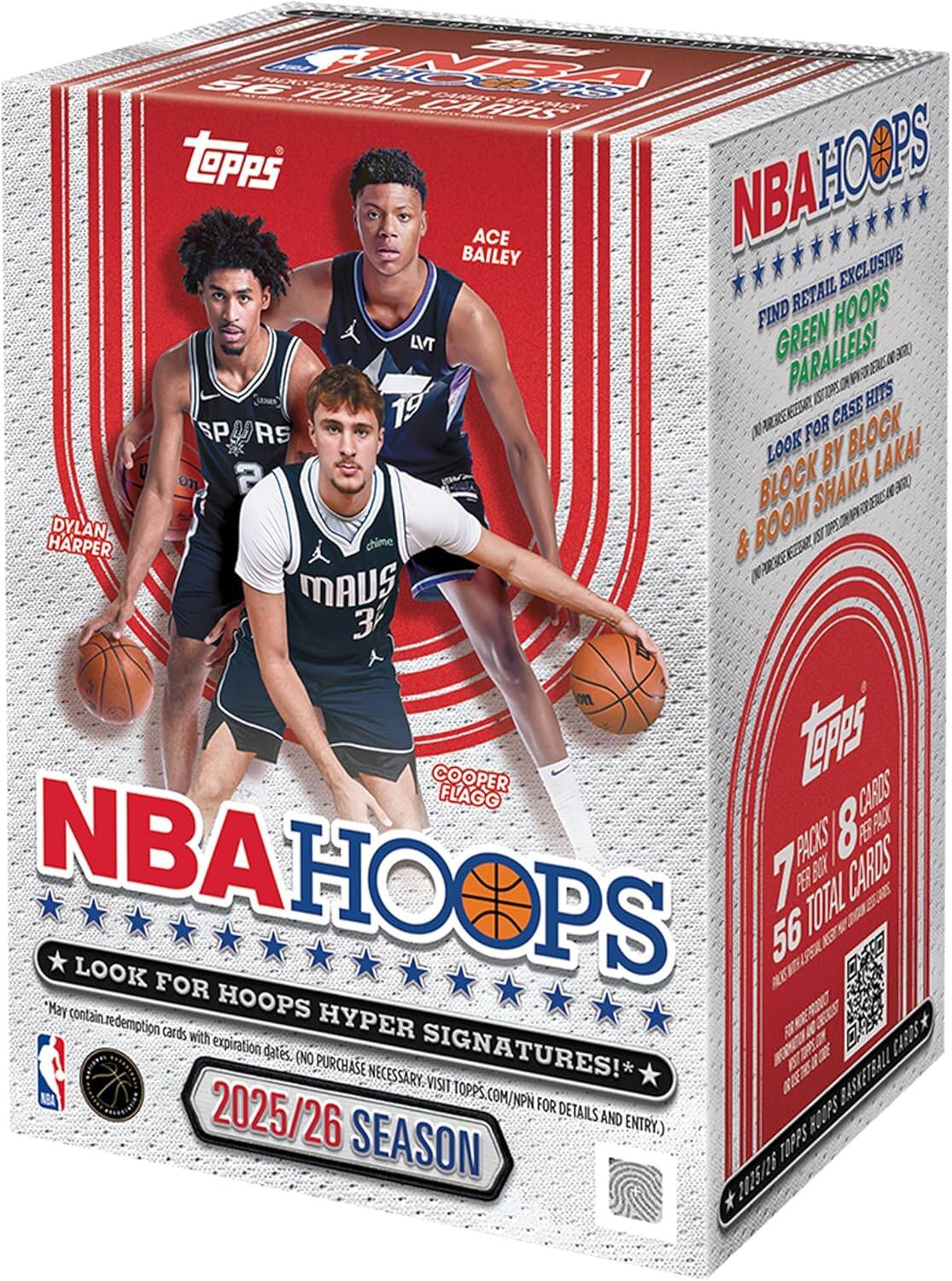 NBA HOOPS

ACE BAILEY

Dylan Harper

MAUS

NBA HOOPS

FIND RETAIL EXCLUSIVE GREEN HOOPS PARALLELS! LOOK FOR "BLOCK BY BLOCK" & BOOM SHAKA LAKA!

7 PACKS 8 CARDS PER PACK 56 TOTAL CARDS

LOOK FOR HOOPS HYPER SIGNATURES! *May contain redemption cards with expiration dates. (NO PURCHASE NECESSARY VISIT TOPPS.COM/NPN FOR BASKETBALL 2025/26 DETAILS AND HOOPS ENTRY.)

2025/26 SEASON