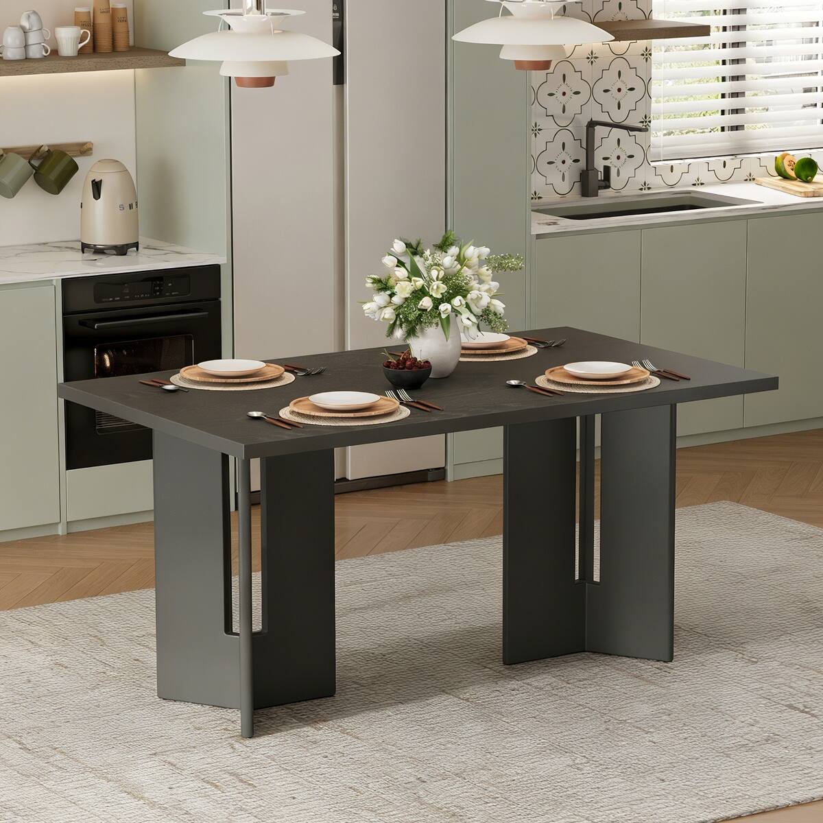 Front. Loheer - Loheer Gray Farmhouse Dining Table, 60 Inch Rectangular Table with Cutout Legs - Gray.