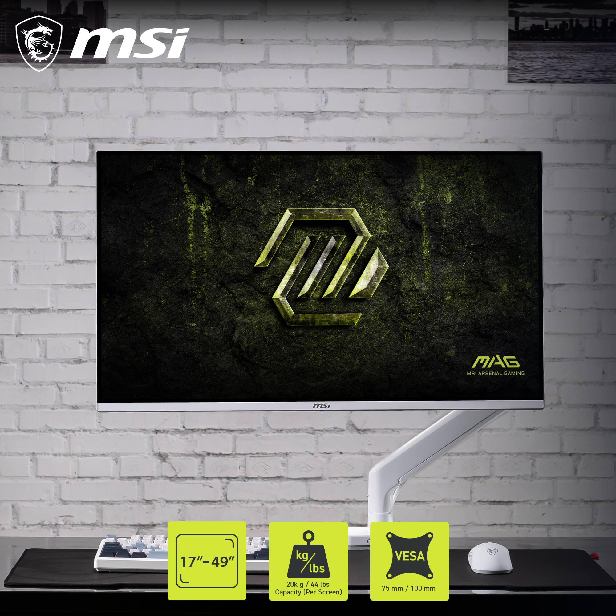 msi (MAG u ARSENAL GAMING m1% S 17"-49" kg lbs VESA 20k g/44 lbs Capacity Per Screen) 75 mm/100 mm