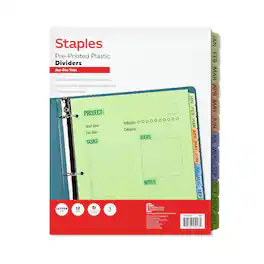 Staples - Pre‑Printed Monthly Plastic Dividers, A–Z Tabs, Durable Write‑On Design, Letter Size, 12‑Tab Set - Multicolor
