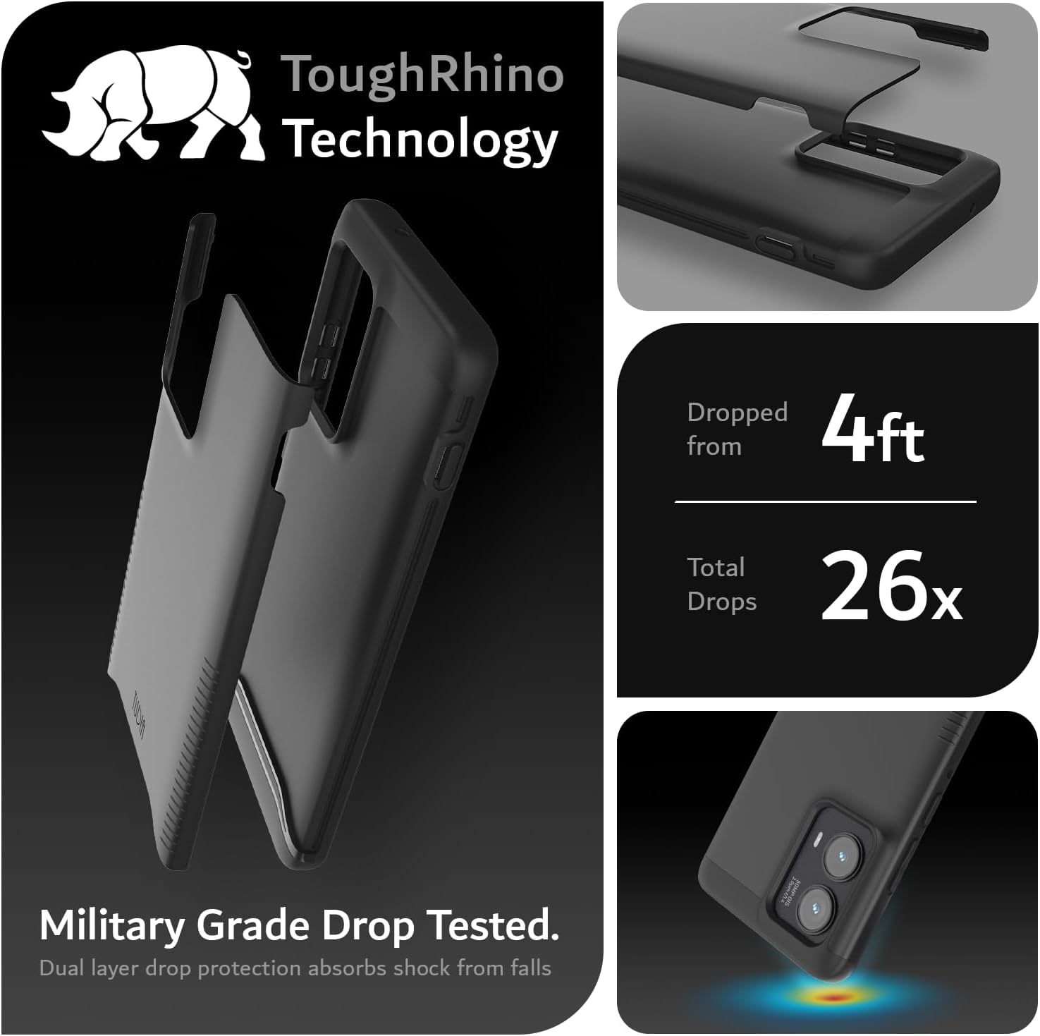 ToughRhino Technology  
Dropped from 4ft  
Total Drops 26x  
Military Grade Drop Tested.  
Dual layer drop protection absorbs shock from falls