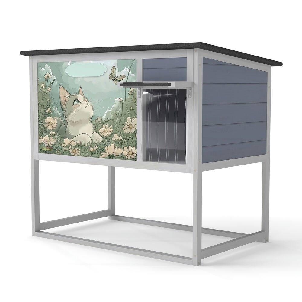 Angle. Resenkos - Resenkos Elevated Cat Shelter, Weatherproof Feral Home With High Legs, Curtained & Escape Door, Openable Top, Gray.