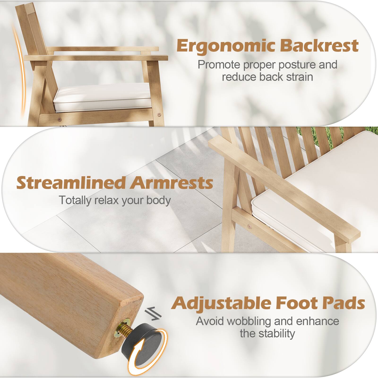 Ergonomic Backrest  
Promote proper posture and reduce back strain  

Streamlined Armrests  
Totally relax your body  

Adjustable Foot Pads  
Avoid wobbling and enhance the stability