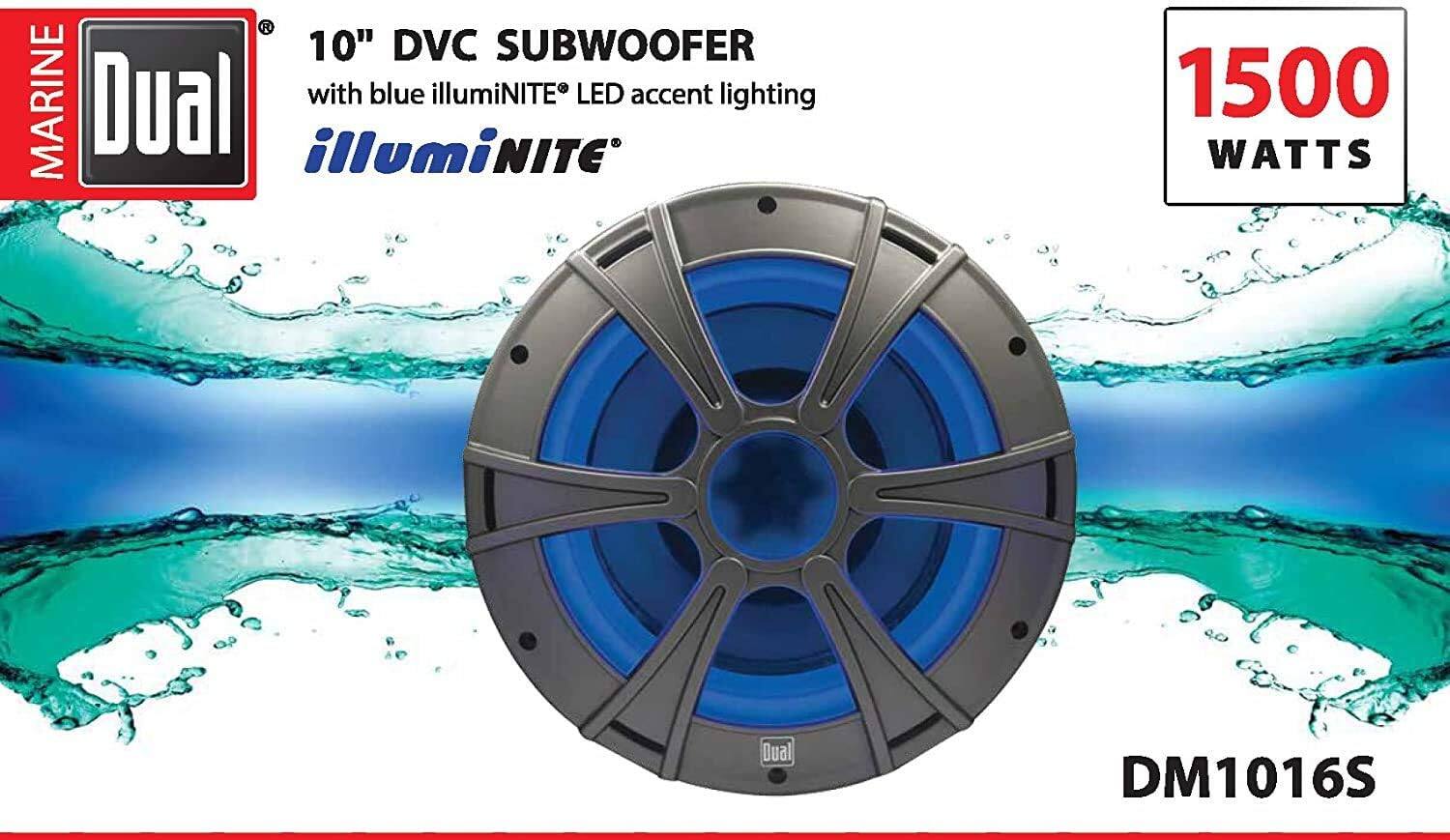 MARINE  
Dual  

10" DVC SUBWOOFER  
with blue illuminiNITE® LED accent lighting  

1500 WATTS  

DM1016S