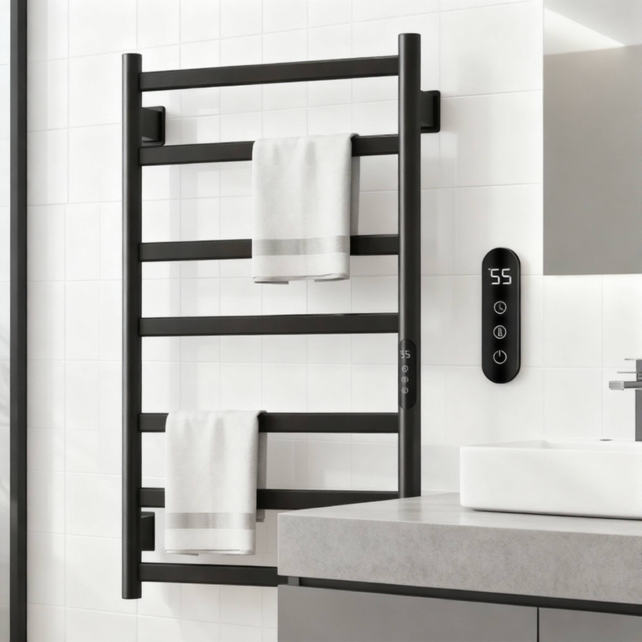 Back. COWLOWN - 7-Bar Electric Heated Towel Rack for Bathroom 150w 800x500mm Wall Mounted w Touch Timer Temp Control - Stainless Steel Finish (Silver).