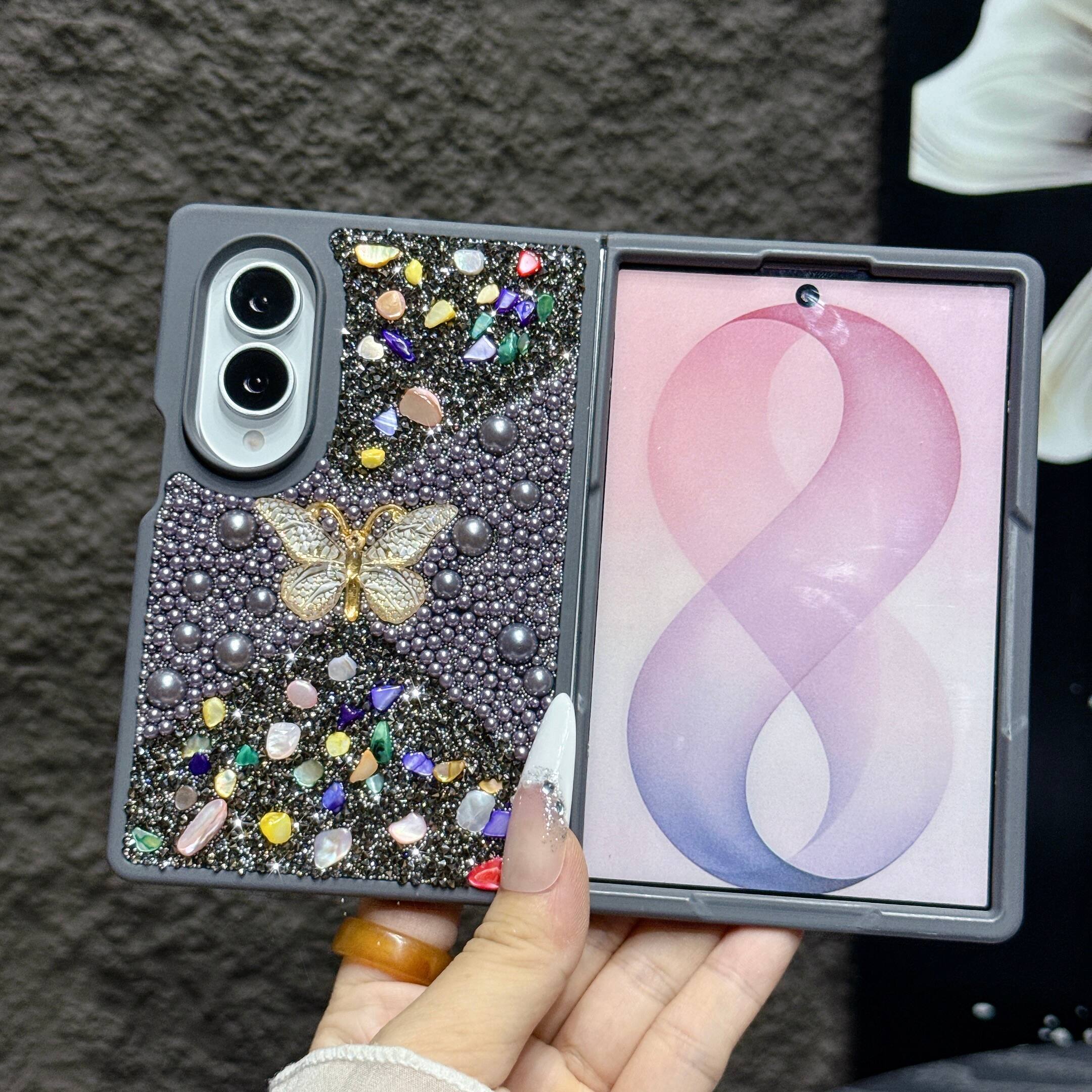 Angle. Dteck - Diamond Case for Samsung Galaxy Z Fold 8, Sparkle Glitter Rhinestone Butterfly Phone Cover with Strap - Gray.