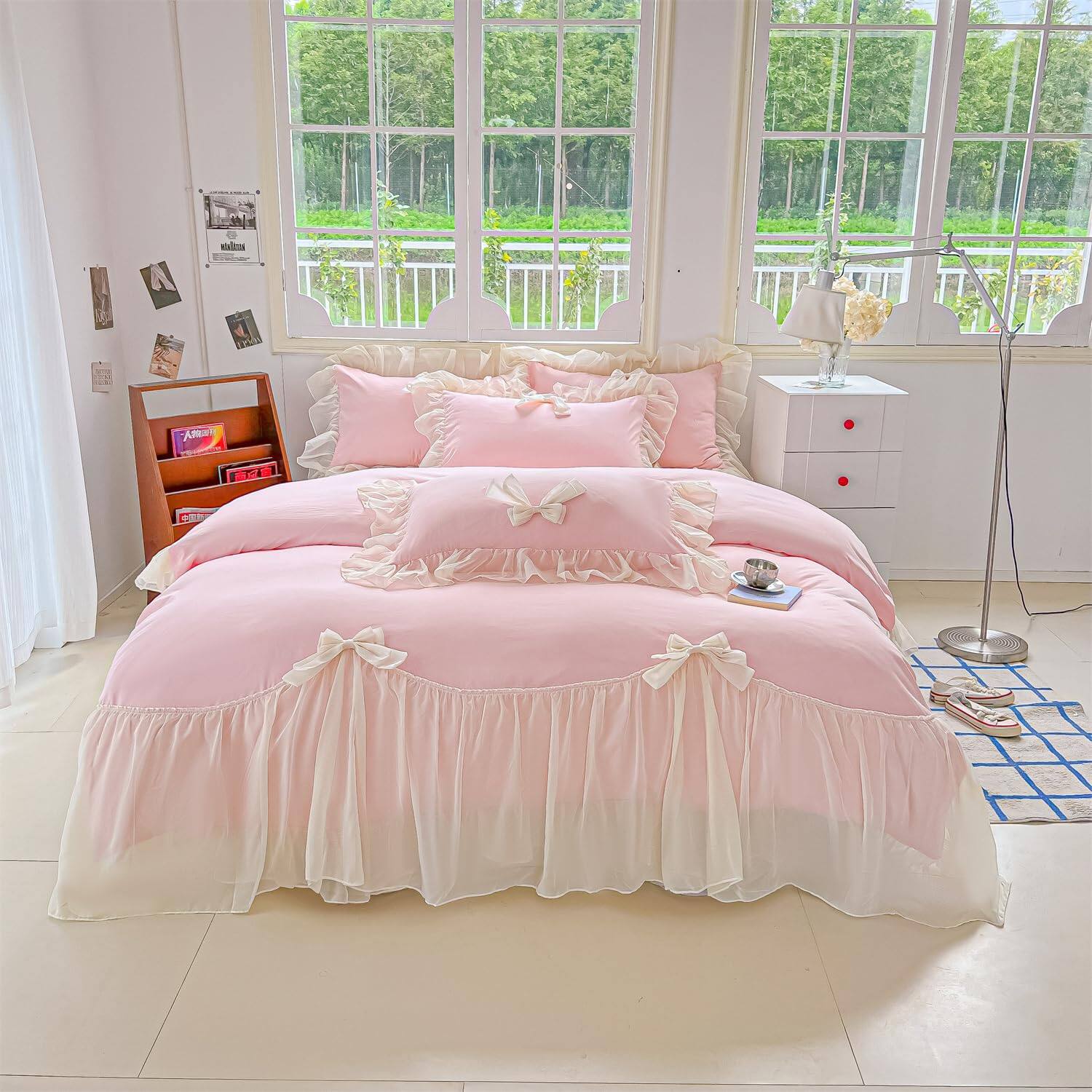 Front. Earthley Blooms - Lace Bedding Full Comforter Cover Set Chic Ruffled Duvet With Lovely Bow Princess Style 1 2 Pillowcases No - Pink-Full.