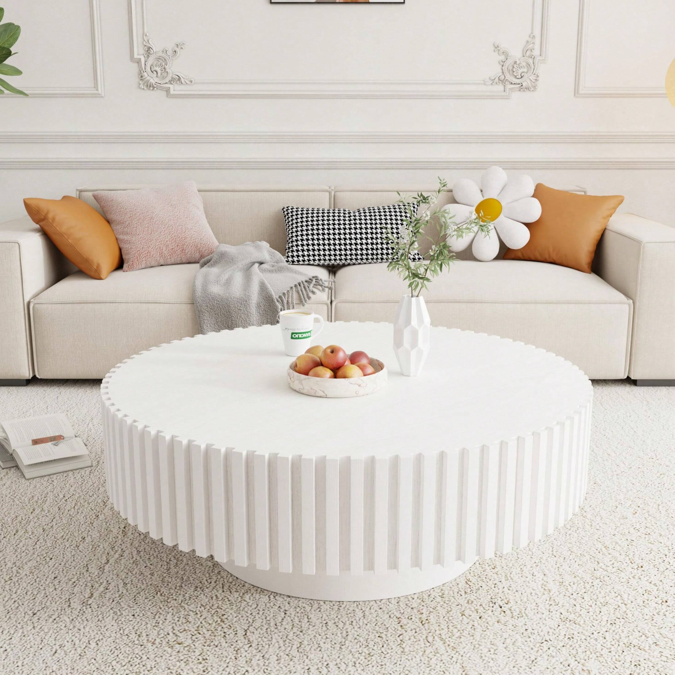 Back. Trinkets Crazed - 39.37" Round Coffee Table Wood,Circle Coffee Table, Drum Fluted Coffee Accent End Side Center Table - White.