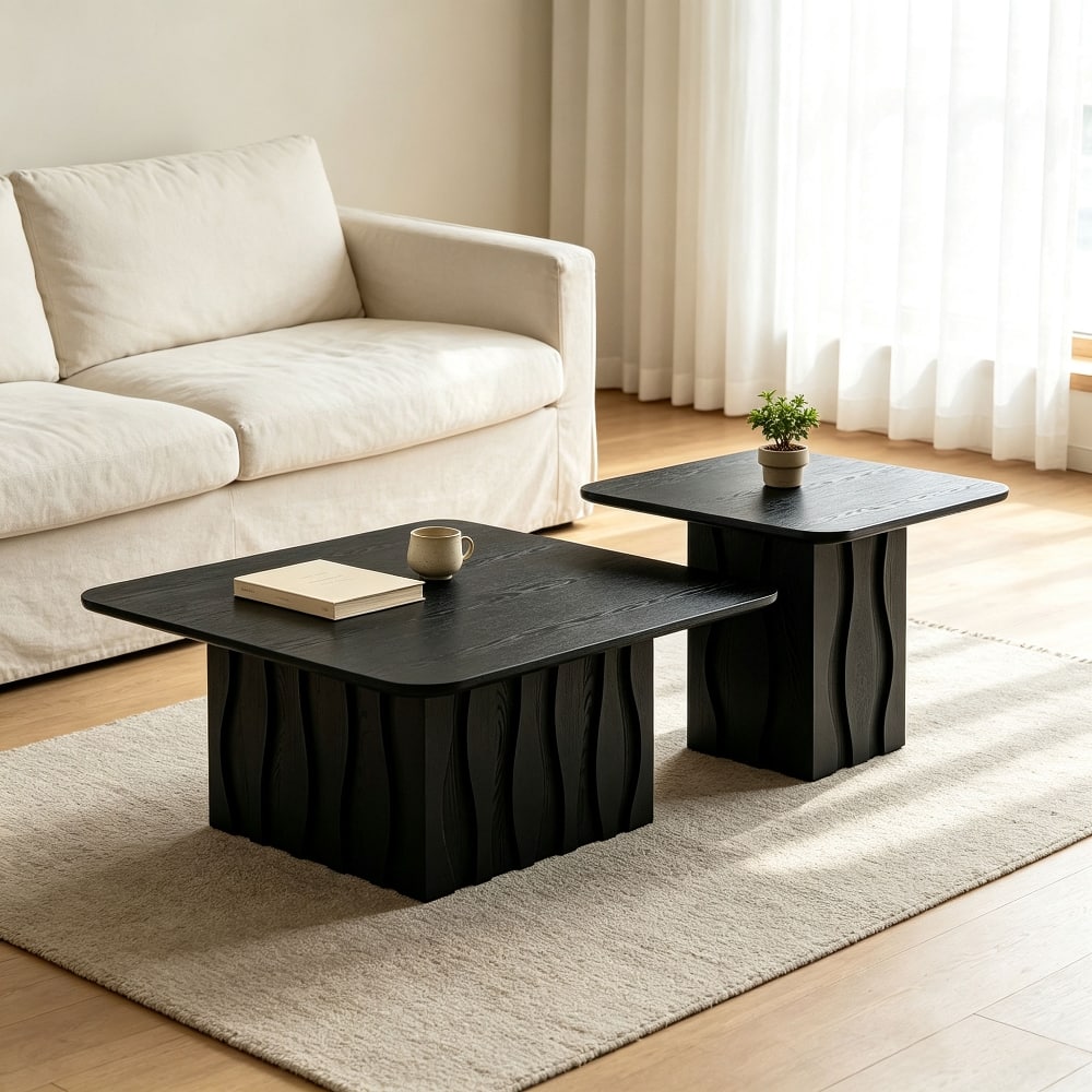 Loheer - 2PCS Nesting Square Coffee Table Set for Living Room, Mid-Century Wavy Fluted Base Nesting Tables - Black price history on PriceWatchPro
