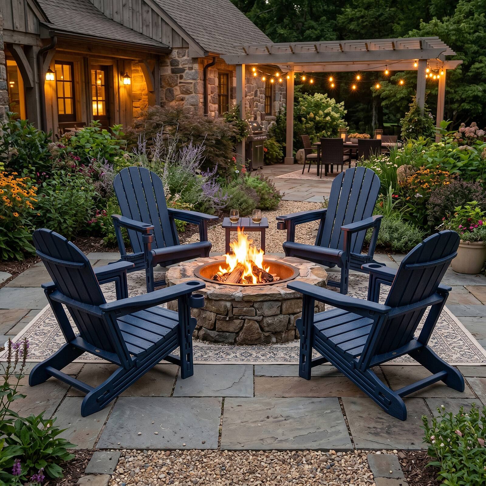 Alt View 1. Gymax - Gymax 4PCS Adirondack Chair w/ Cup Holder & Wooden Texture Outdoor Plastic Chair - Blue.
