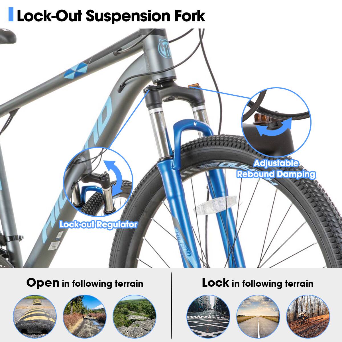 Lock-Out Suspension Fork, Adjustable, Rebound Damping, Lock-out Regulator, Open in following terrain, Lock in following terrain