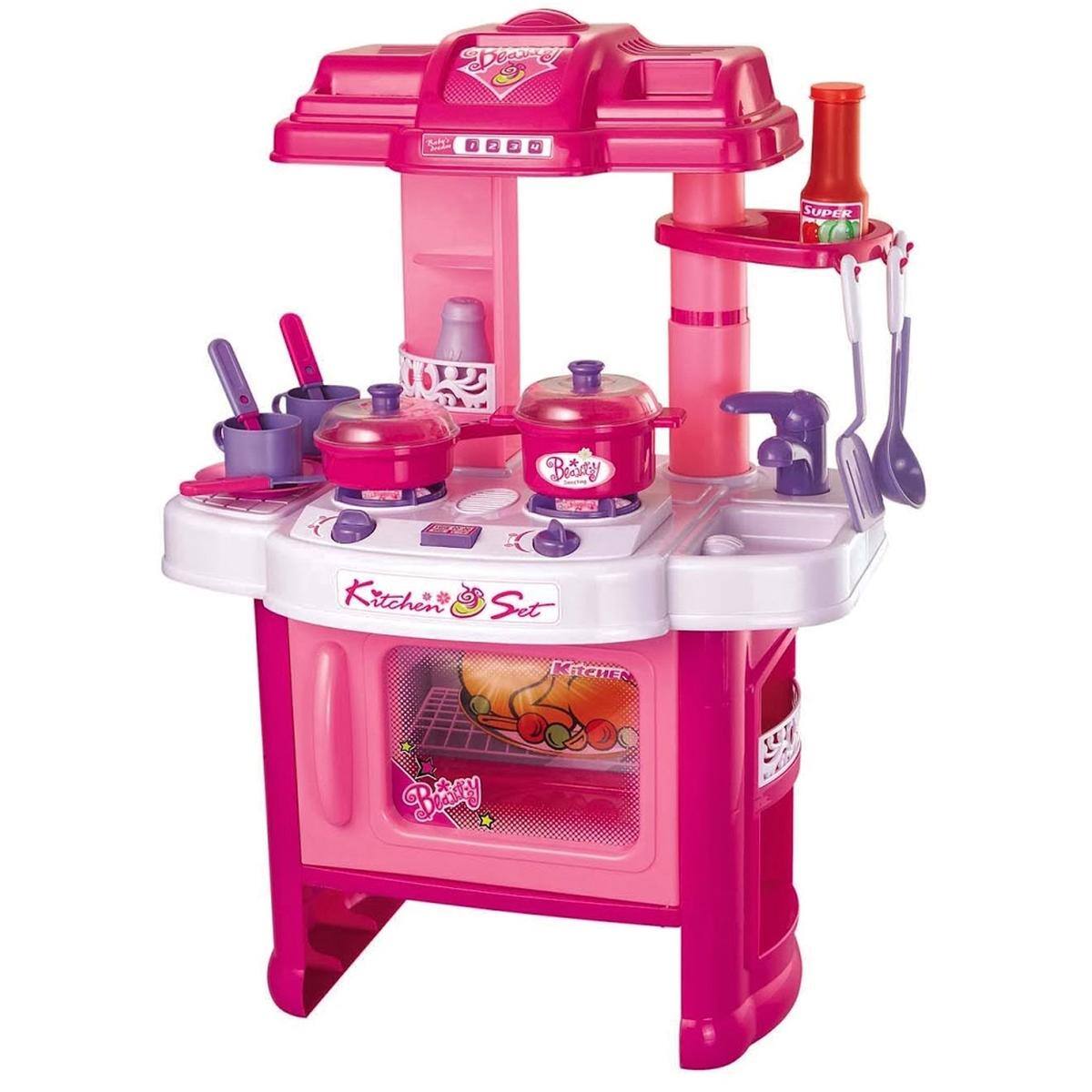 Sure! Here is the corrected and grouped text from the image:

- "Beauty"
- "Kitchen Set"
- "Pinky"
- "SUPER" (on the bottle)
- "Kitchen" (on the oven door)