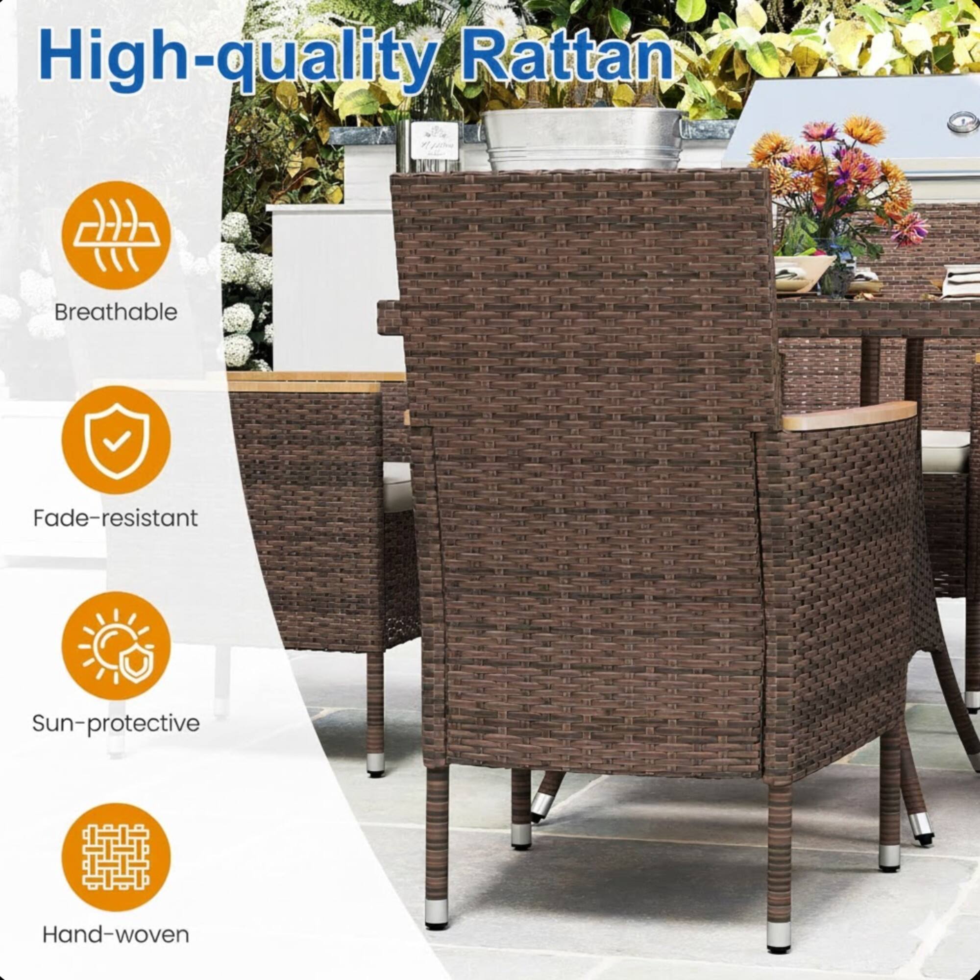 High-quality Rattan

- Breathable
- Fade-resistant
- Sun-protective
- Hand-woven