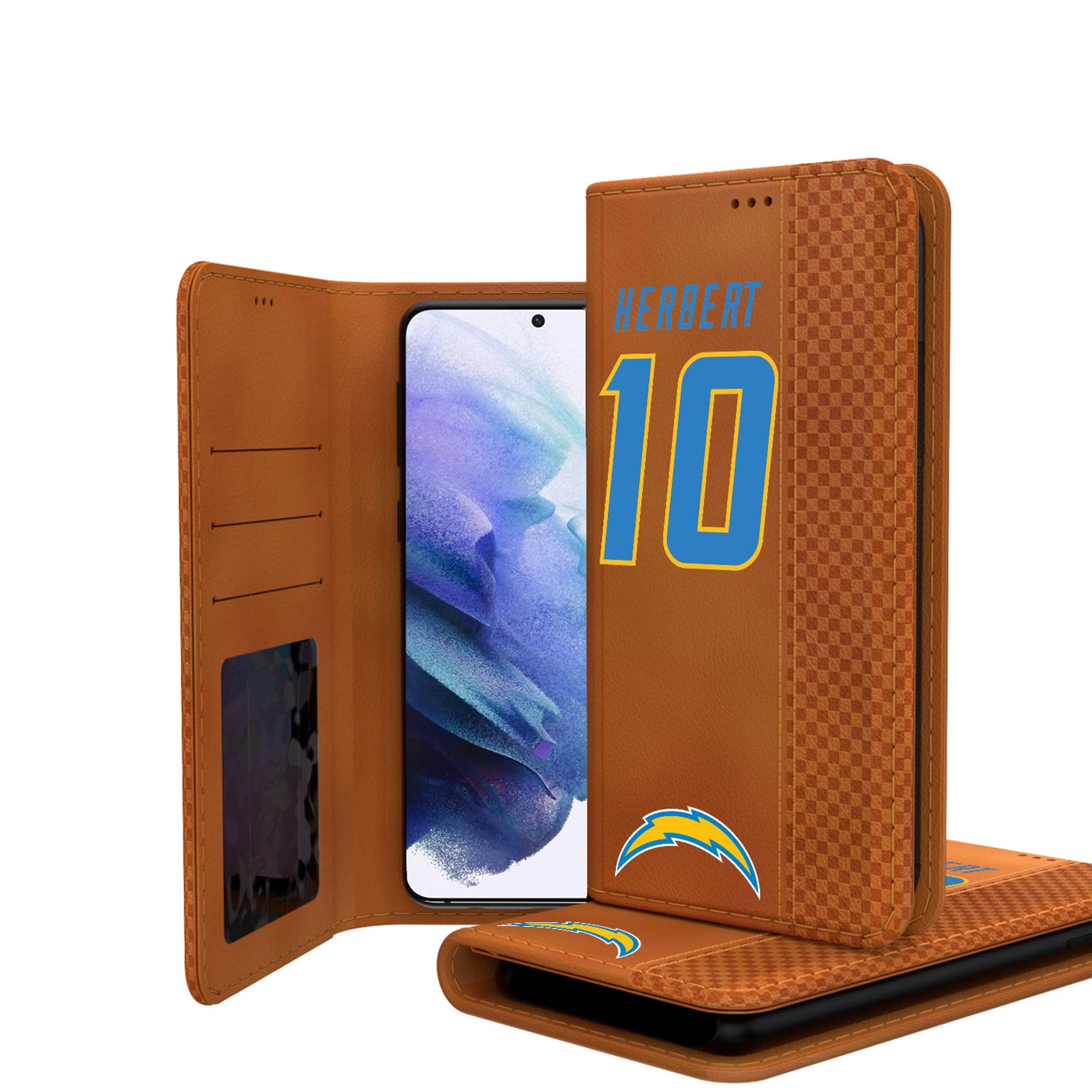 Front. Keyscaper - Justin Herbert Brown Los Angeles Chargers Galaxy Folio Case - S24 - Brown.