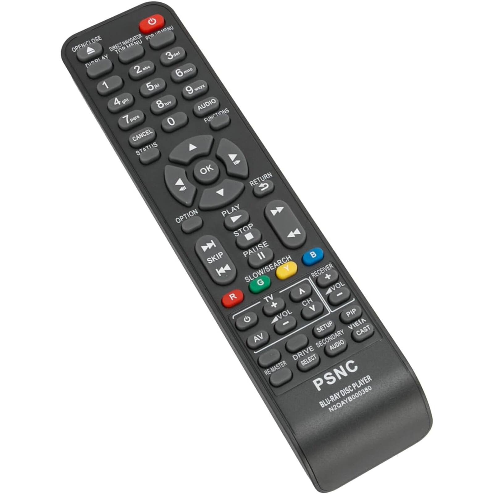 POR OMENU 1N OSE NAVIGATOR OPEN/CLOSE DIRECT MENU TOP AY Jo DICDI abc 2 6 mn 1 5 p 9 wayE 4 ph 8 tuv AUDIO pors 0 FUNCTIONS CANCEL STATUS OK RETURN U 4 OPTION PLAY STOP SKIP PAUSE I  K4 SLOW/SEARCH G Y RECEIVER + A VOL R - TV CH + V VOL PIP SETUP VIEIA CAST AV SECONDARY AUDIO DRIVE SELECT RE-MASTER PSNC DISCPLAYER LAYER DISC BLU-RAY N2QAYB000380 N2QA