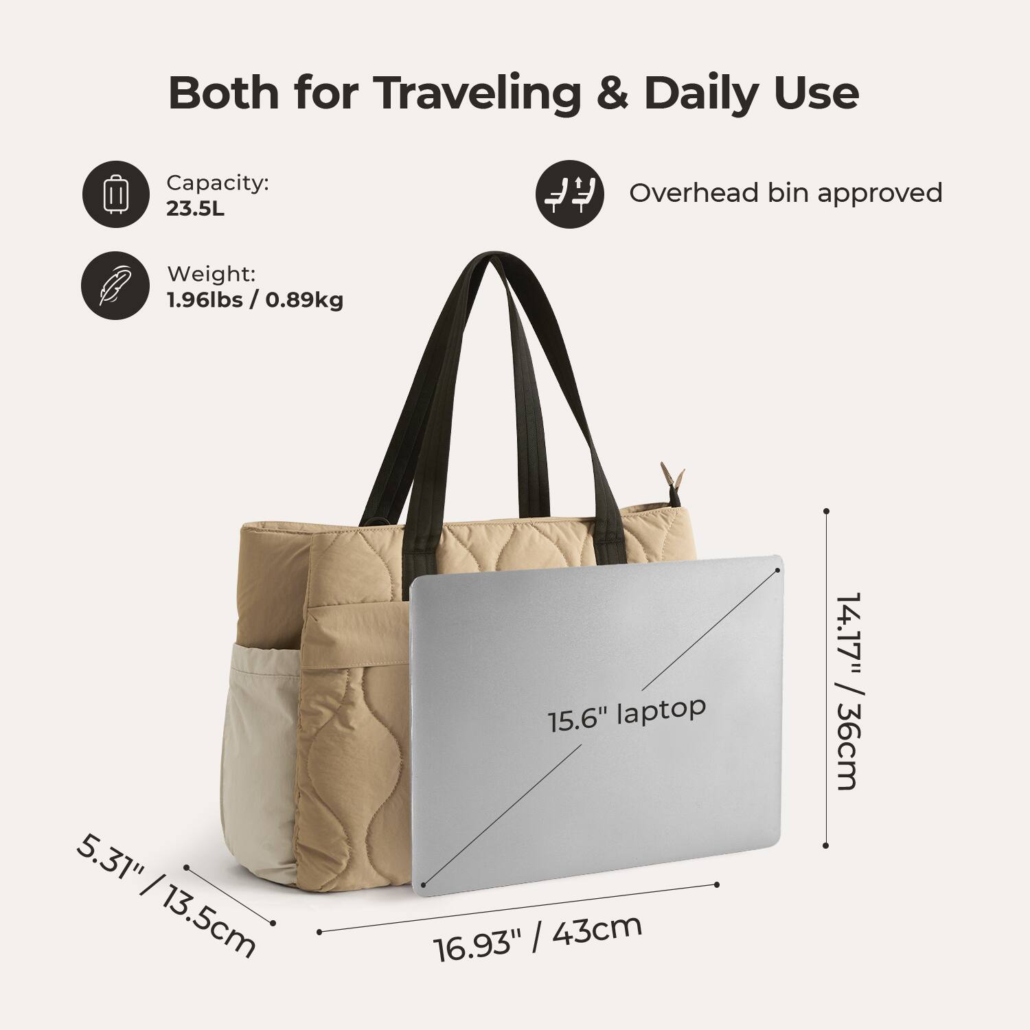 Both for Traveling & Daily Use  
Capacity: 23.5L  
Overhead bin approved  
Weight: 1.96lbs / 0.89kg  
5.31" / 13.5cm  
15.6" laptop  
16.93" / 43cm  
14.17" / 36cm