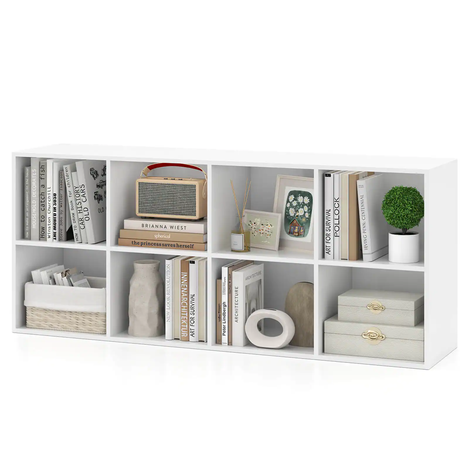 Costway - 8-Cube Bookcase Bookshelf with 2 Anti-Tipping Kits Storage Organizer Rustic - White