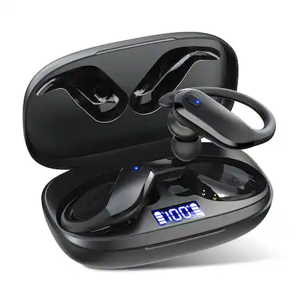 Front. Breezio - Sports Wireless Earbuds Bluetooth 5.4 Earhooks, 80H Playtime, Noise Cancelling Mic, IPX7 Waterproof - Black.