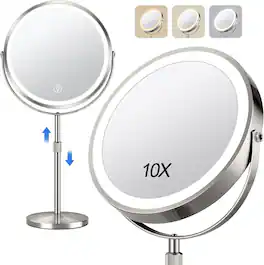 Stamp n Camp - Lighted Makeup Mirror, Rechargeable Height Adjustable Double Sided, 1x/10x Magnifying with 3 Color - Nickel