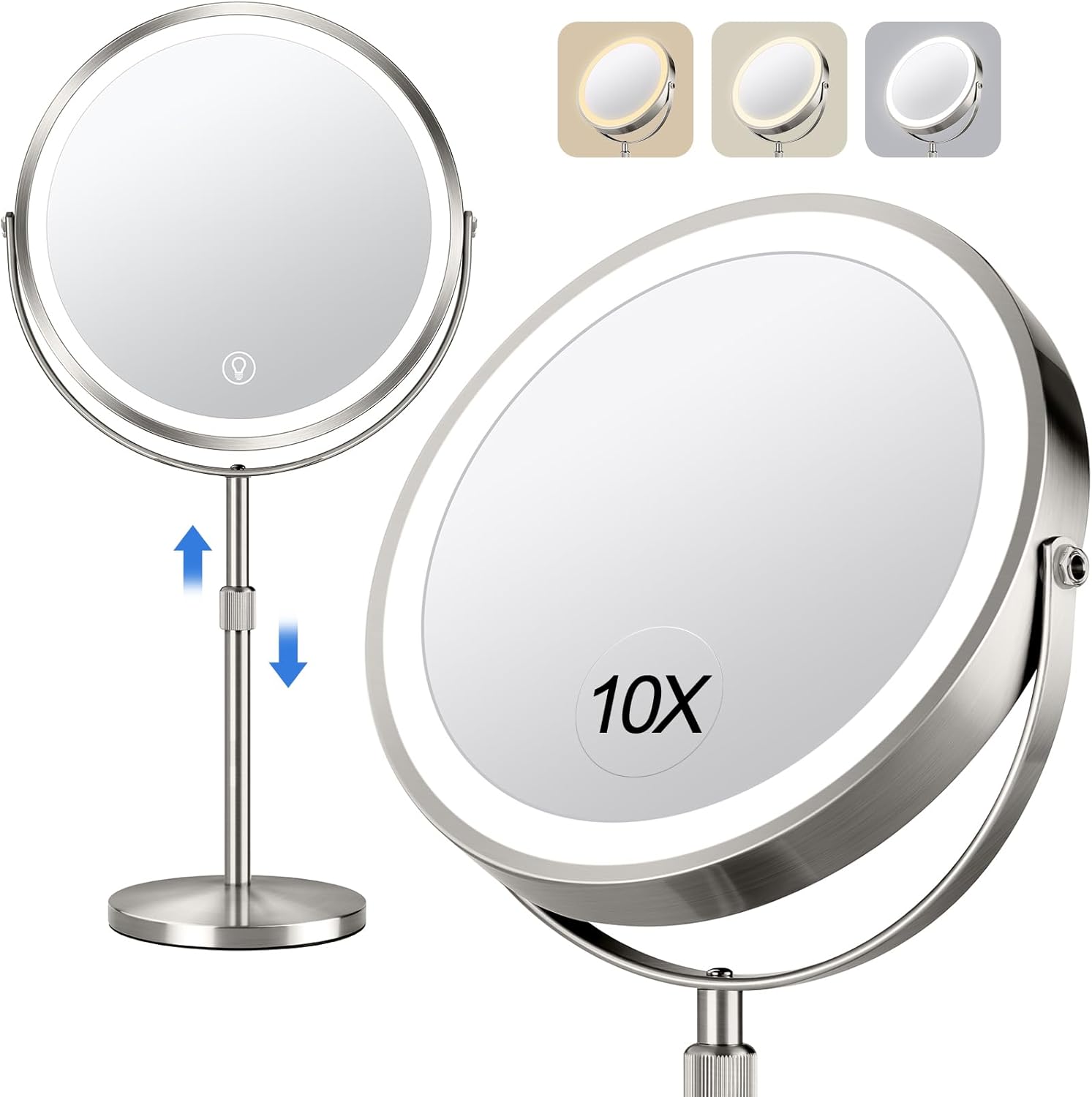 Stamp n Camp - Lighted Makeup Mirror, Rechargeable Height Adjustable Double Sided, 1x/10x Magnifying with 3 Color - Nickel